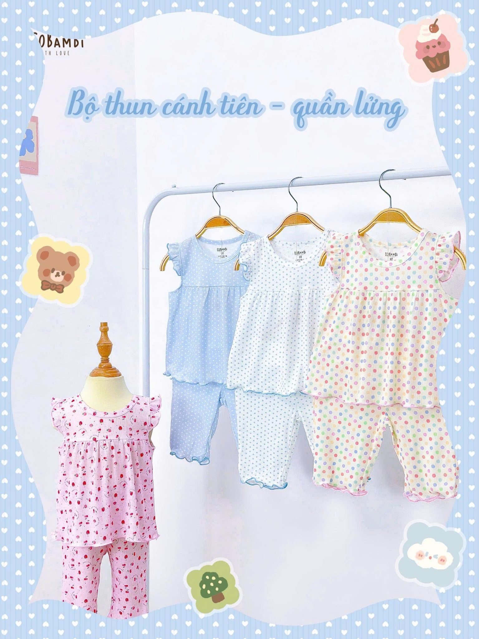  Bộ thun rib tay cánh tiên quần lửng in họa tiết bé gái ECOBAMBI - 8935334001169 