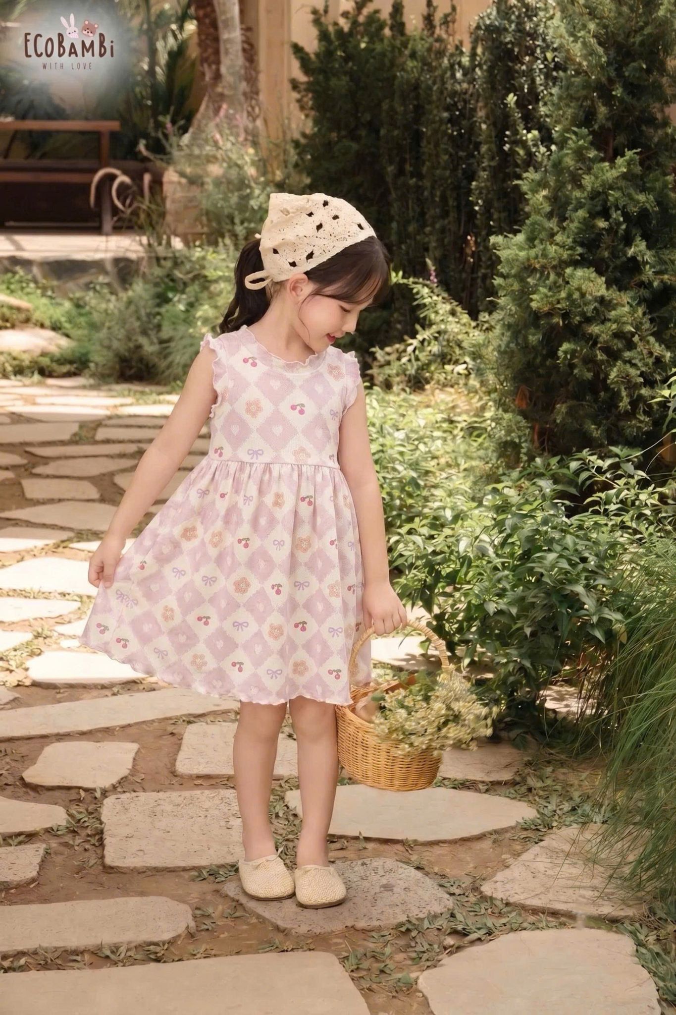  Đầm thun jacquard sát nách phối bèo bé gái ECOBAMBI - BB-24DAMBG041 - 8935334001848 