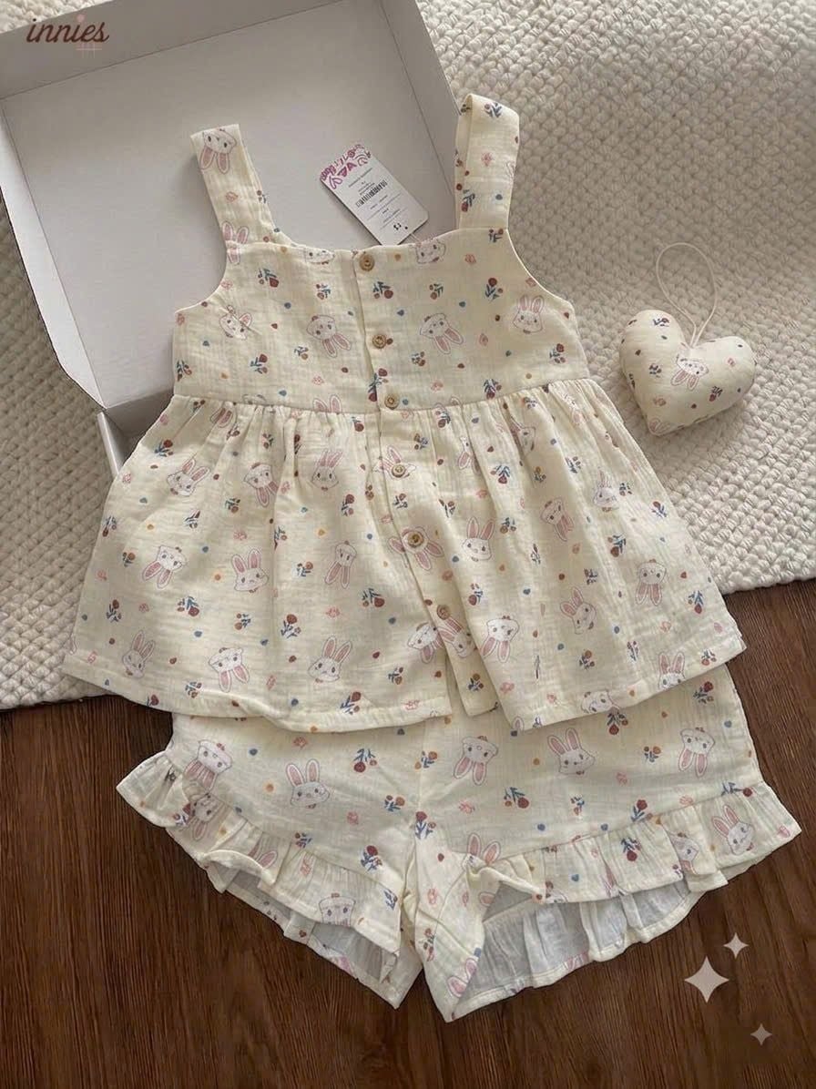  Bộ cotton muslin sát nách nút cài giữa - quần shorts bèo mặc nhà nữ Innies - IN-23BONU001 - 8935334000926 