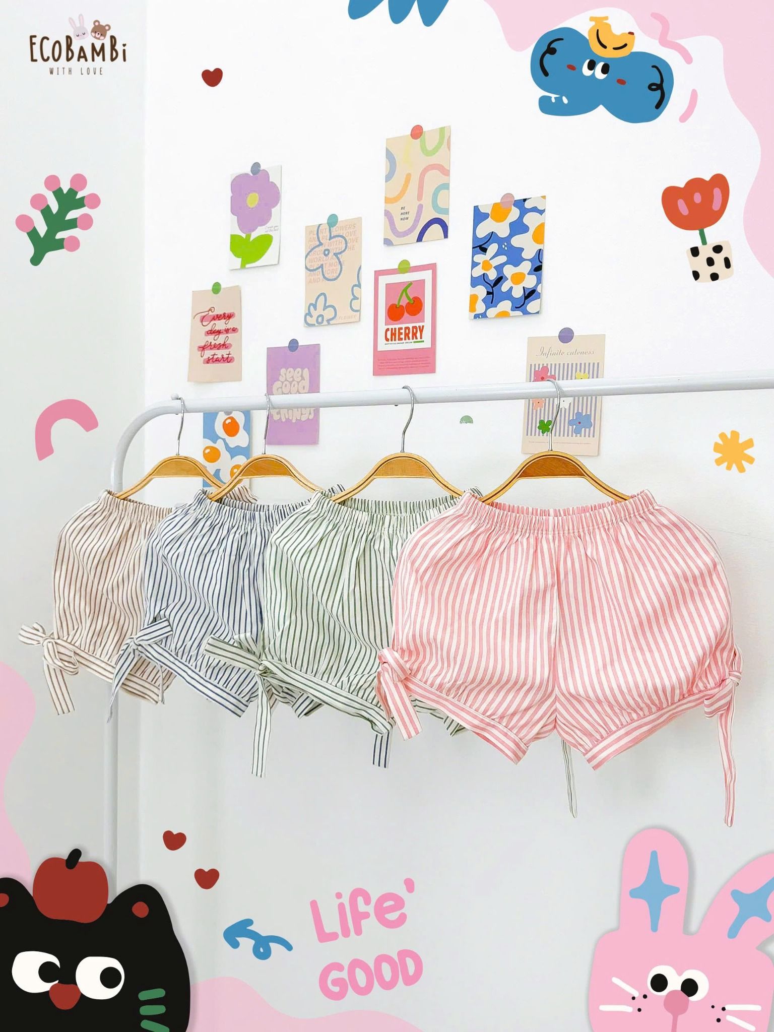  Quần thô shorts họa tiết sọc phối nơ bé gái ECOBAMBI - 8935334002005 