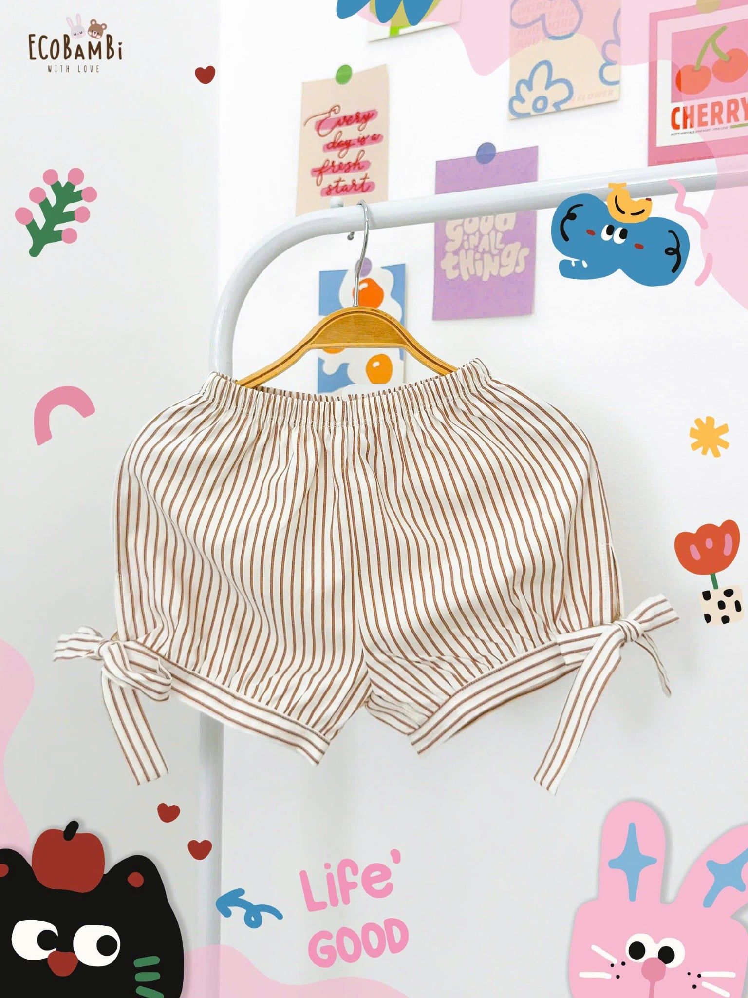  Quần thô shorts họa tiết sọc phối nơ bé gái ECOBAMBI - 8935334002005 
