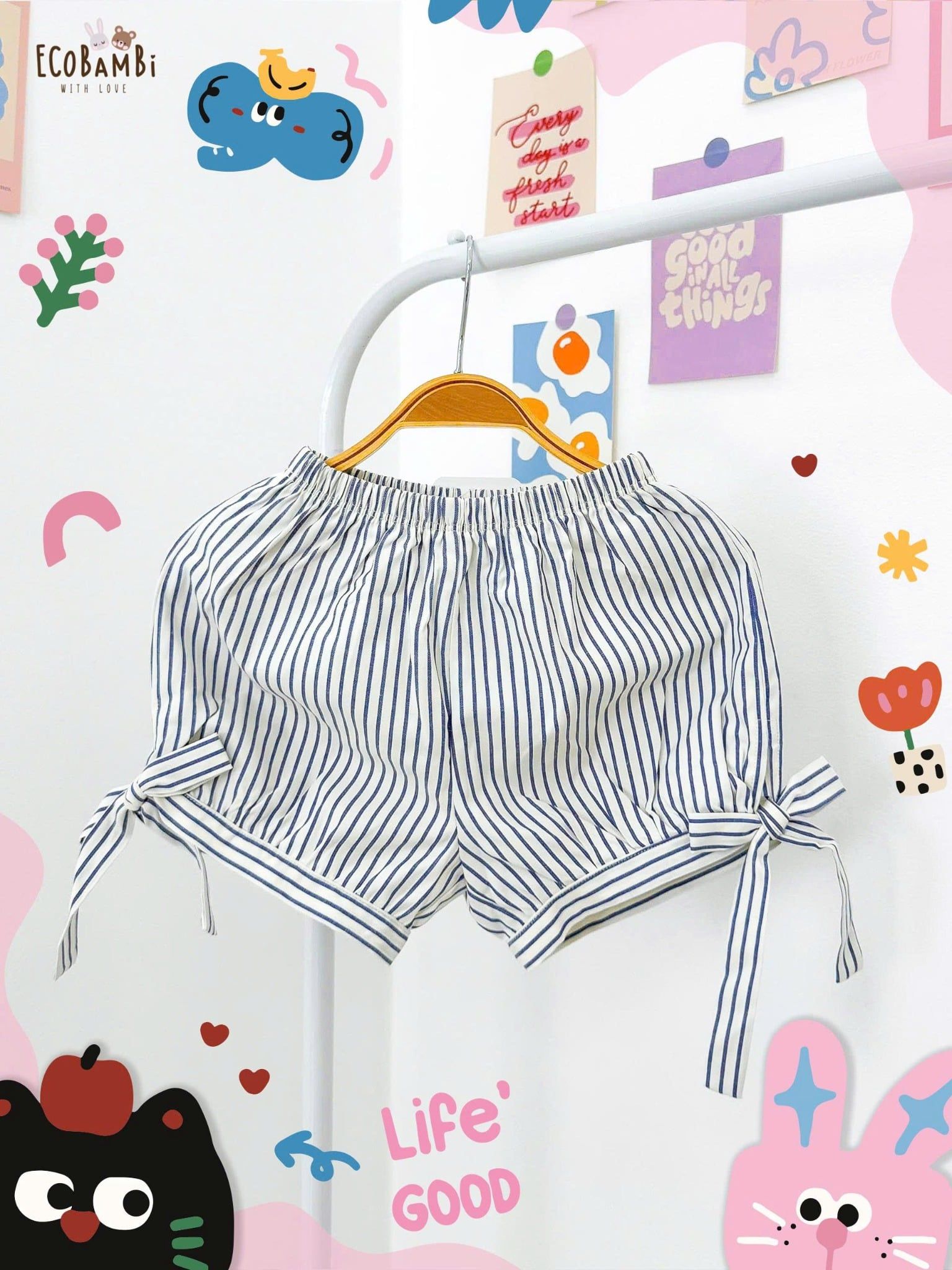  Quần thô shorts họa tiết sọc phối nơ bé gái ECOBAMBI - 8935334002005 