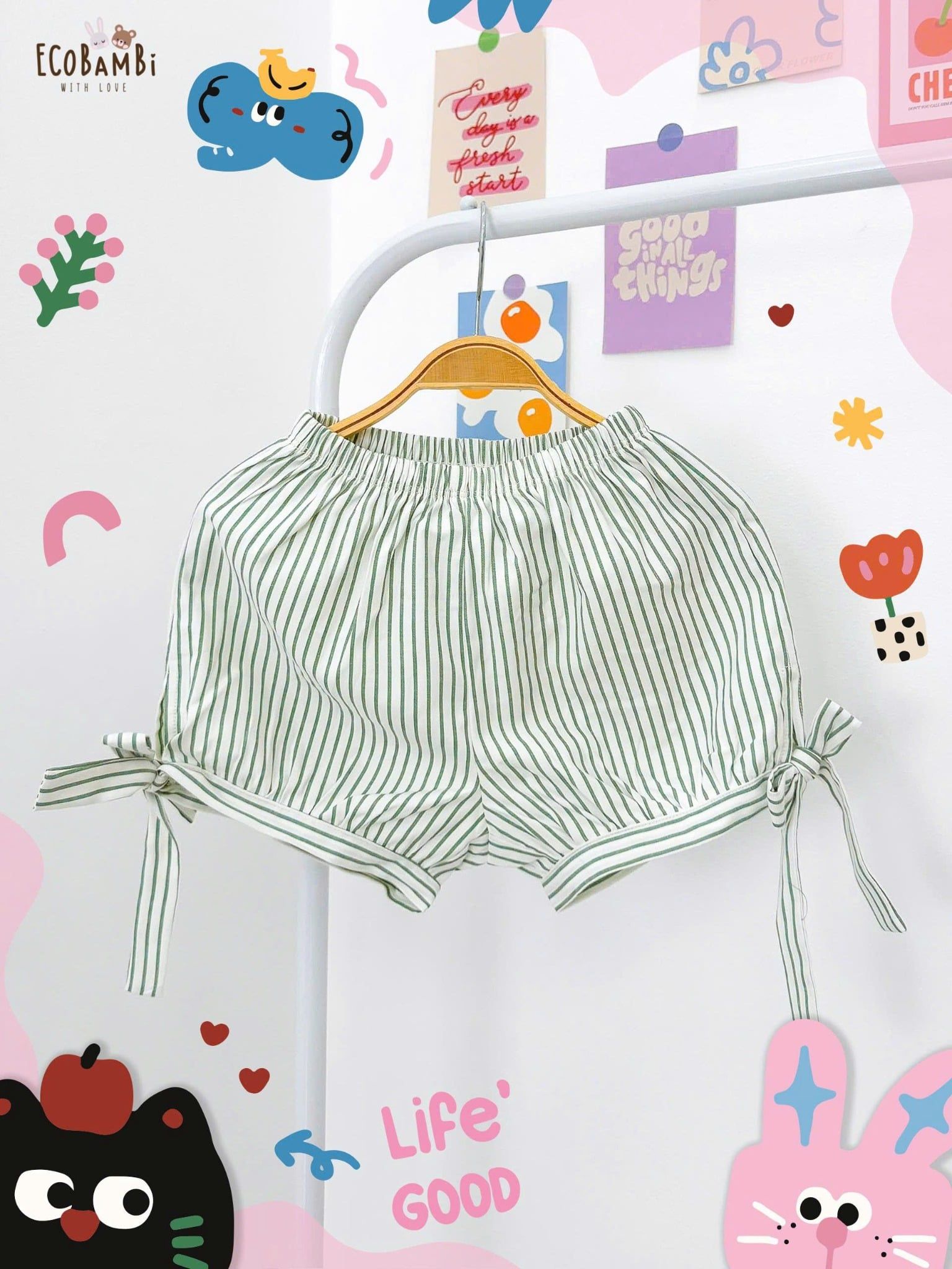  Quần thô shorts họa tiết sọc phối nơ bé gái ECOBAMBI - 8935334002005 
