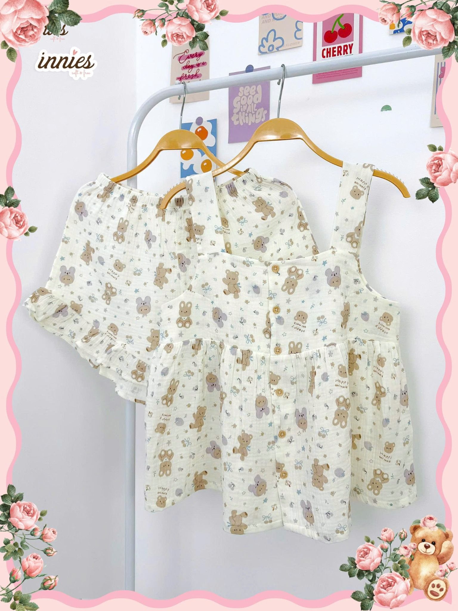  Bộ cotton muslin sát nách nút cài giữa - quần shorts bèo mặc nhà nữ Innies - IN-23BONU001 - 8935334000926 