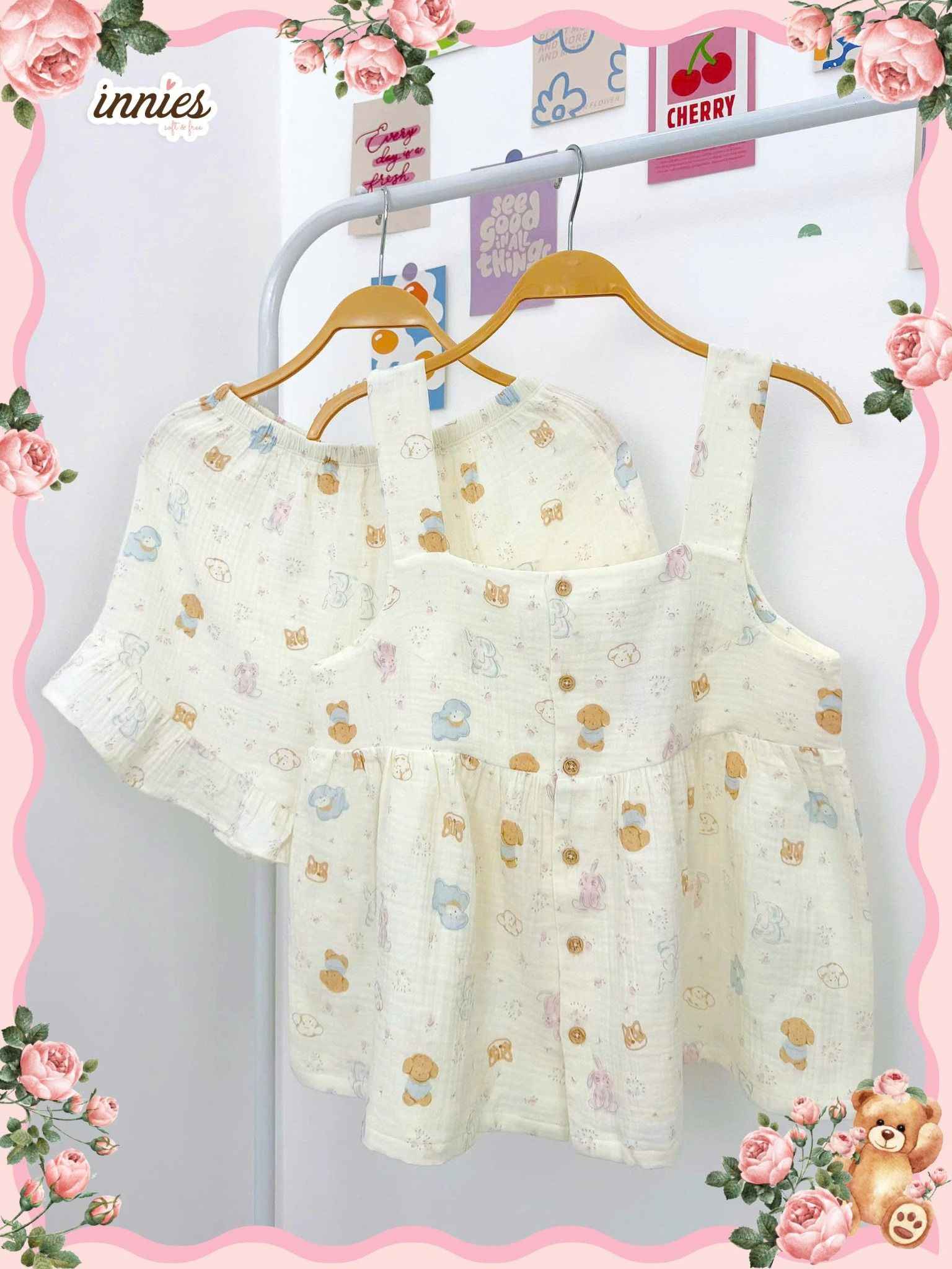 Bộ cotton muslin sát nách nút cài giữa - quần shorts bèo mặc nhà nữ Innies - IN-23BONU001 - 8935334000926 