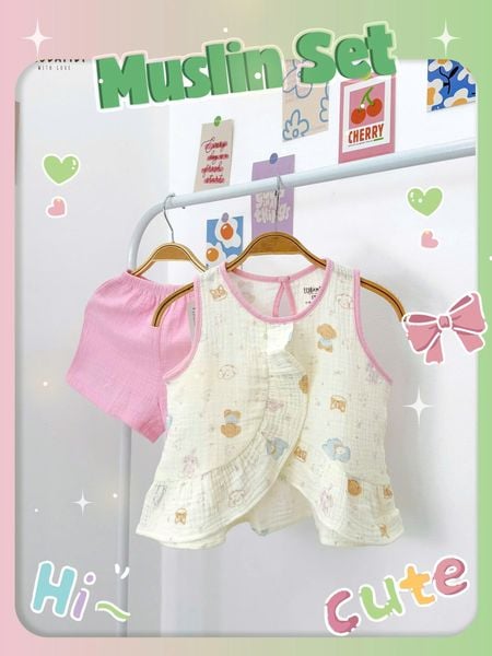  Bộ muslin sát nách vạt chéo quần shorts bé gái ECOBAMBI - 8935334001930 