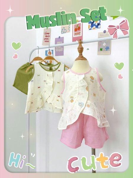  Bộ muslin sát nách vạt chéo quần shorts bé gái ECOBAMBI - 8935334001930 