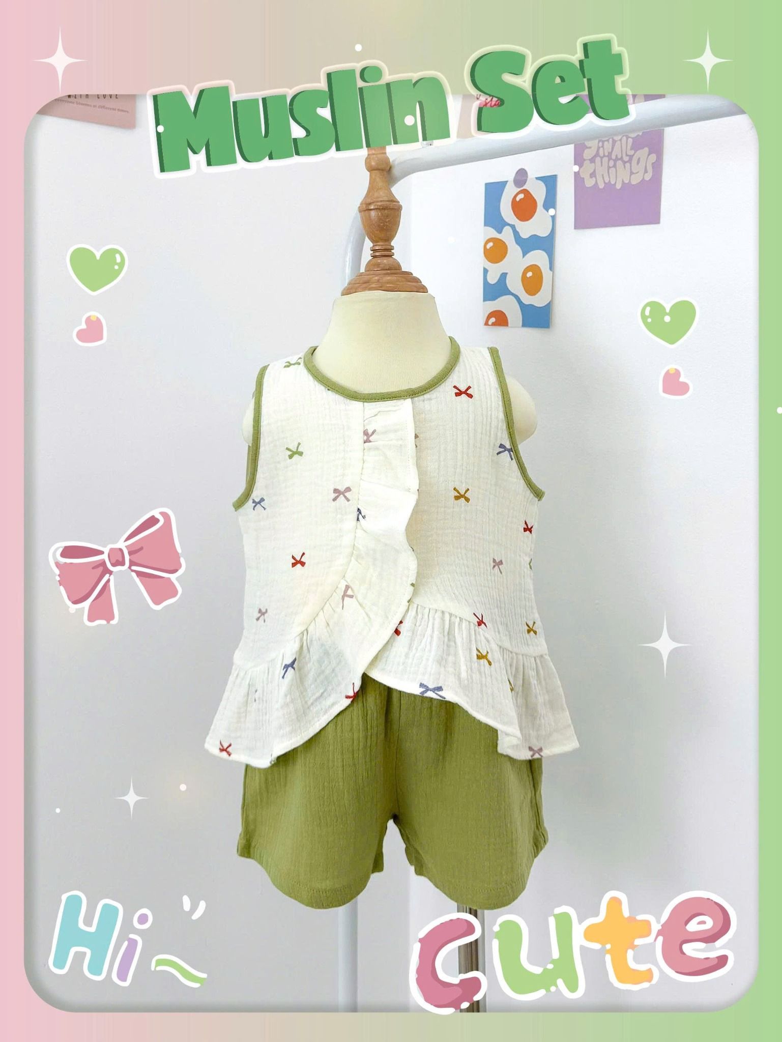  Bộ muslin sát nách vạt chéo quần shorts bé gái ECOBAMBI - 8935334001930 