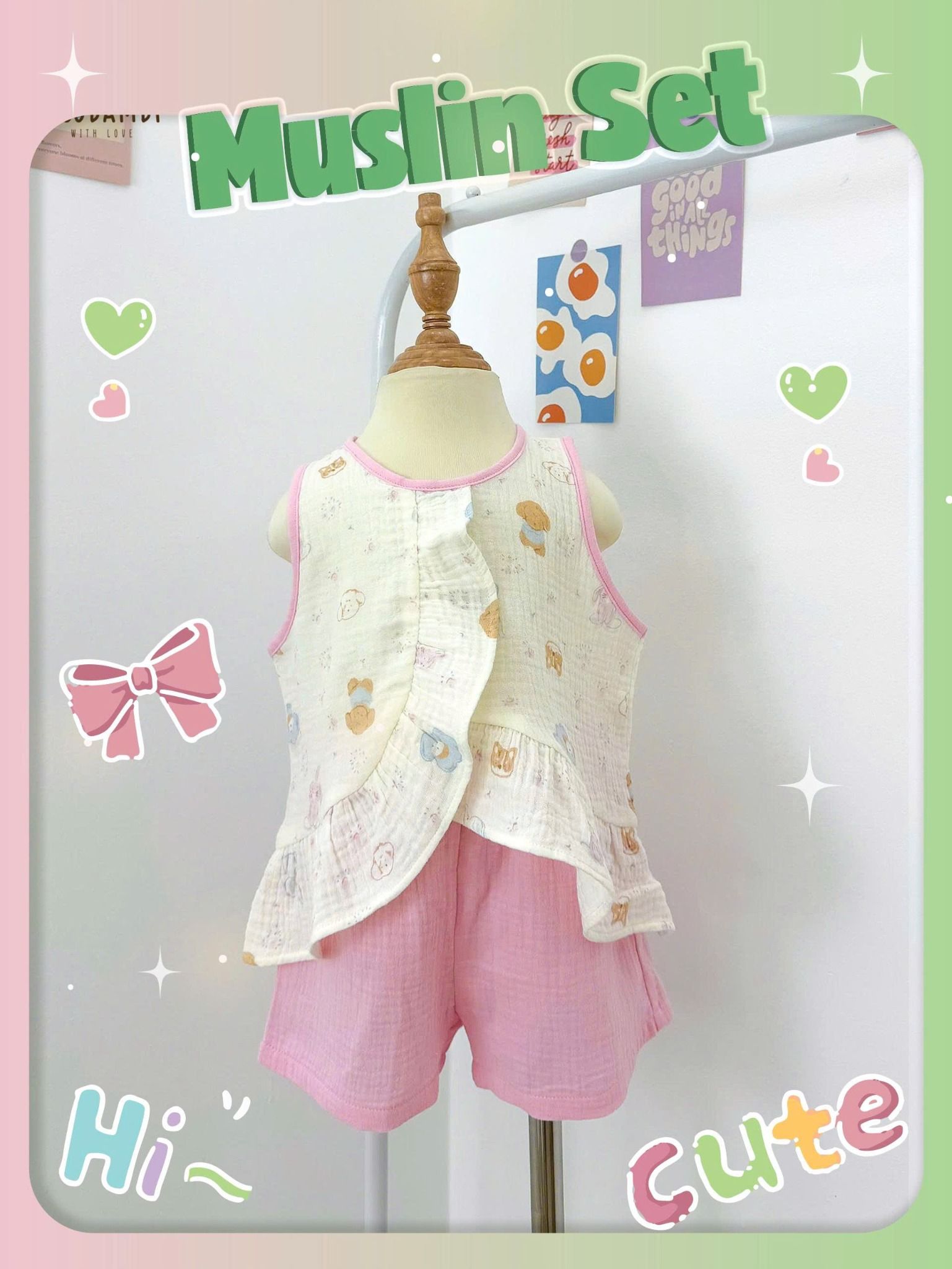  Bộ muslin sát nách vạt chéo quần shorts bé gái ECOBAMBI - 8935334001930 