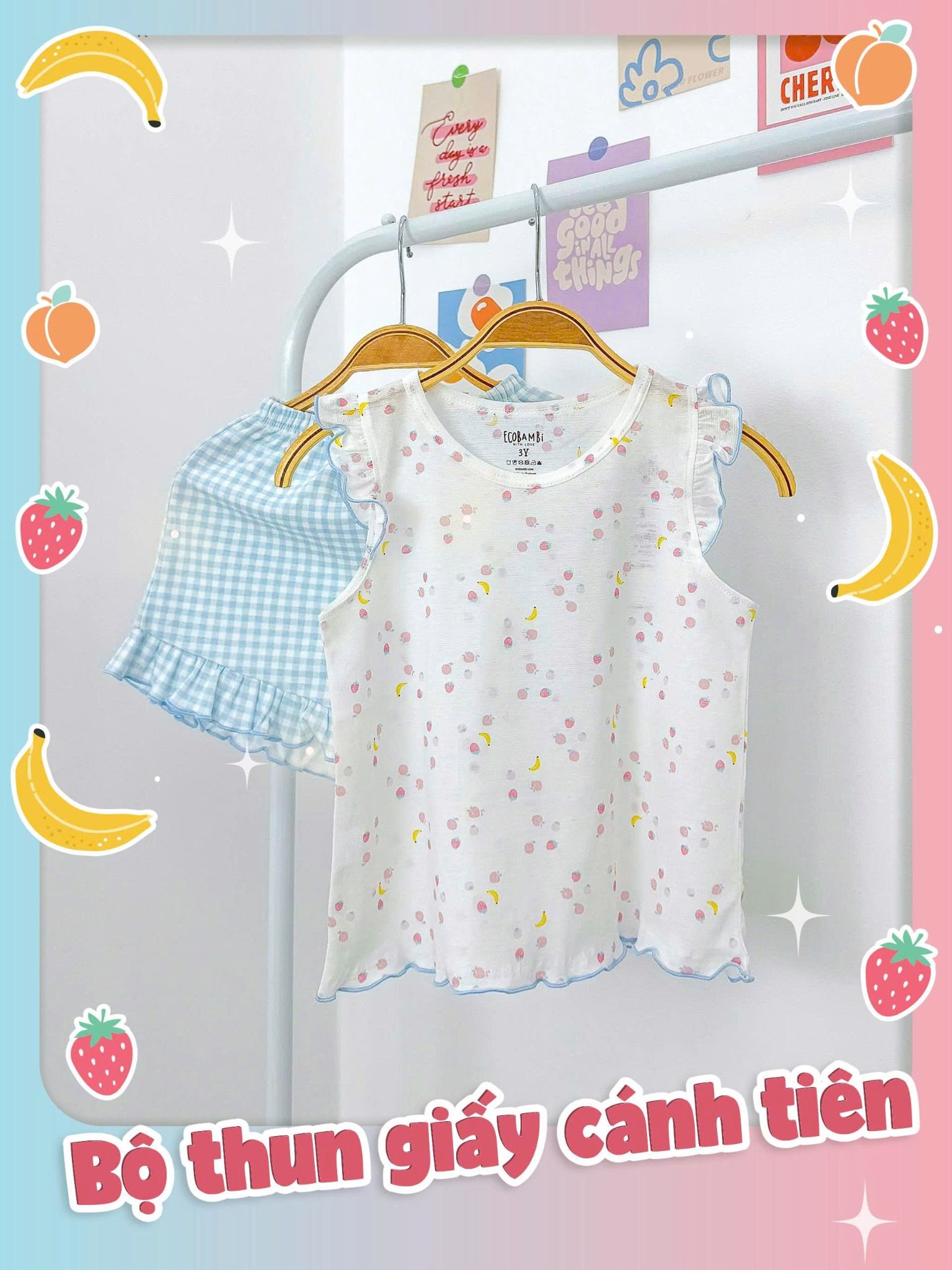 Bộ thun áo cánh tiên - quần shorts caro phối bèo bé gái ECOBAMBI - 8935334000391 