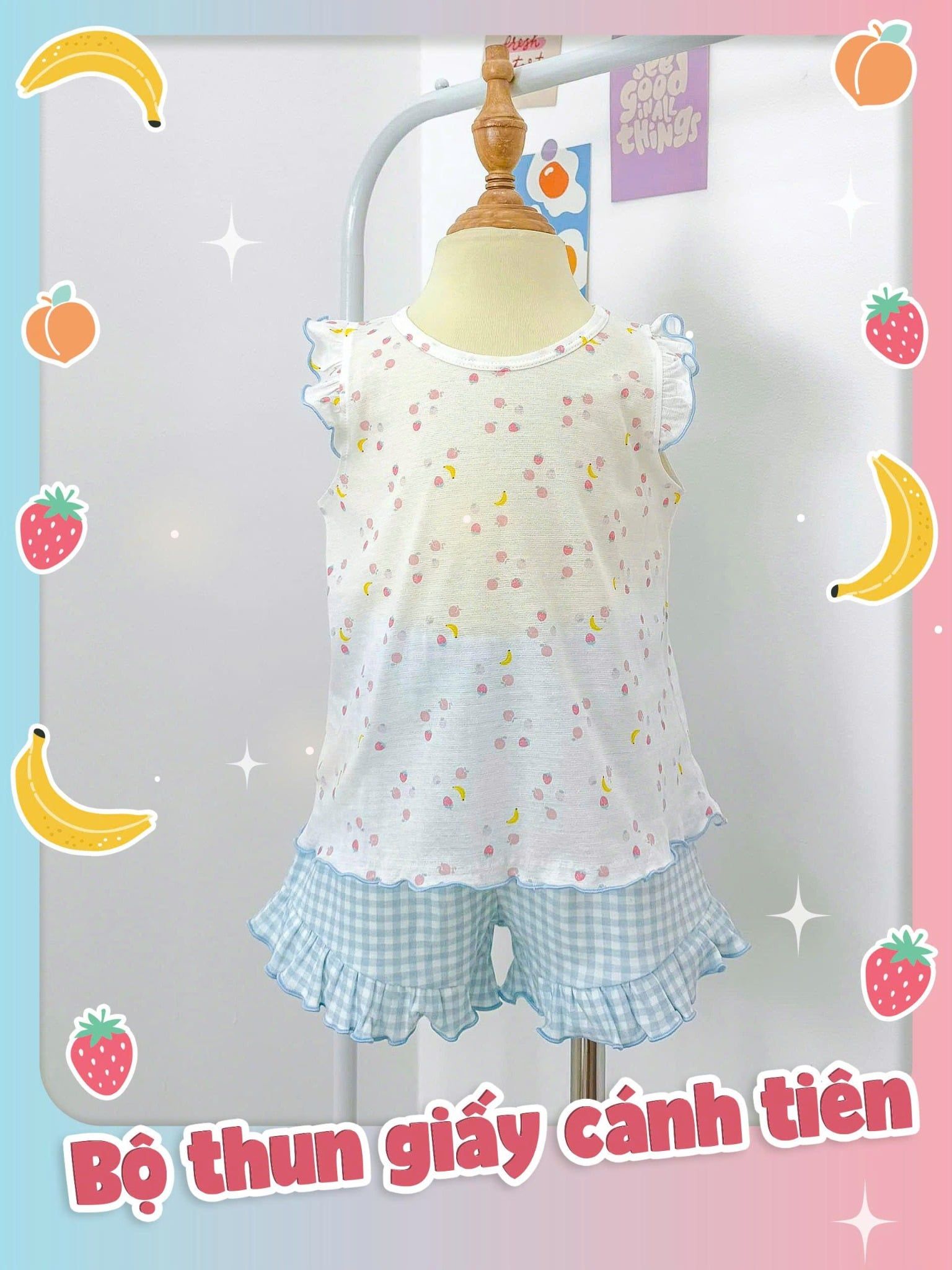  Bộ thun áo cánh tiên - quần shorts caro phối bèo bé gái ECOBAMBI - 8935334000391 