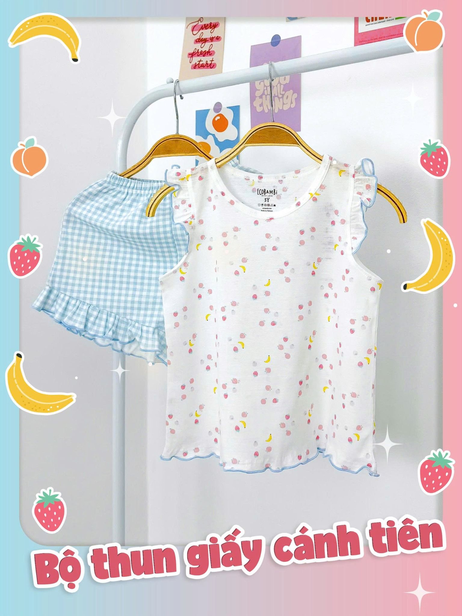  Bộ thun áo cánh tiên - quần shorts caro phối bèo bé gái ECOBAMBI - 8935334000391 