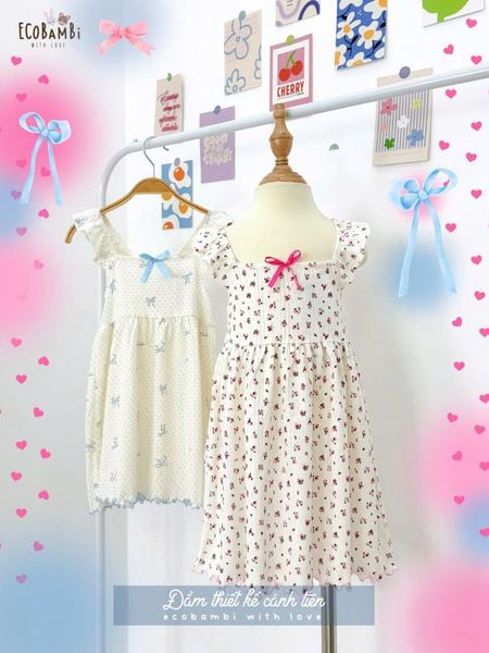  Đầm thun jacquard cotton vai bèo cánh tiên dáng xòe bé gái ECOBAMBI - 8935334002043 