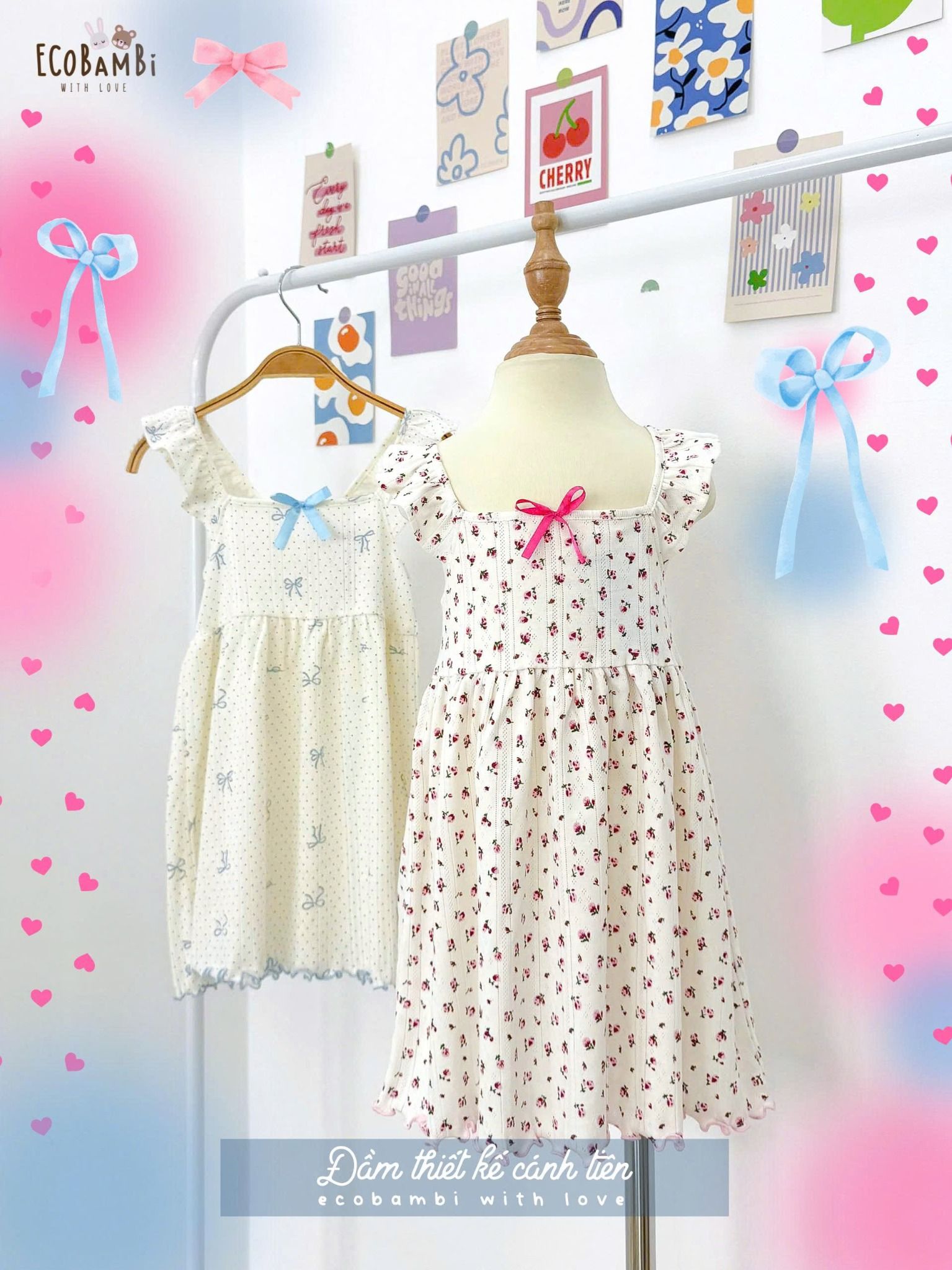  Đầm thun jacquard cotton vai bèo cánh tiên dáng xòe bé gái ECOBAMBI - 8935334002043 
