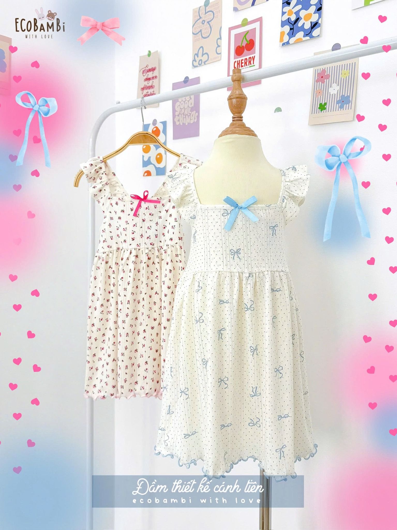  Đầm thun jacquard cotton vai bèo cánh tiên dáng xòe bé gái ECOBAMBI - 8935334002043 