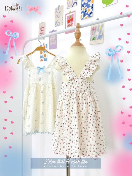  Đầm thun jacquard cotton vai bèo cánh tiên dáng xòe bé gái ECOBAMBI - 8935334002043 