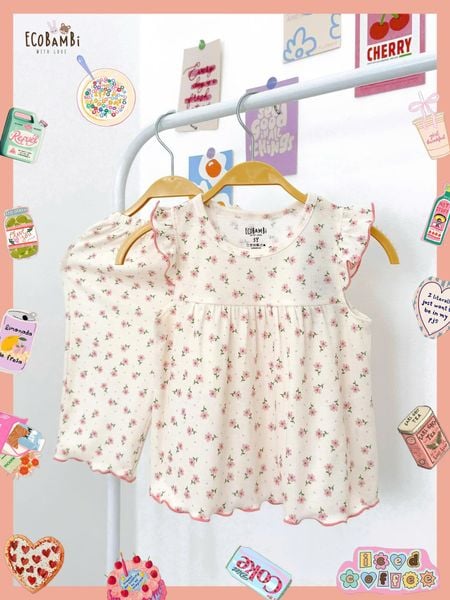  Bộ thun gân hoa nhí tay cánh tiên - quần lửng bé gái ECOBAMBI - 8935334001169 