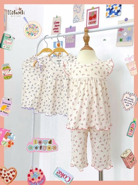  Bộ thun gân hoa nhí tay cánh tiên - quần lửng bé gái ECOBAMBI - 8935334001169 