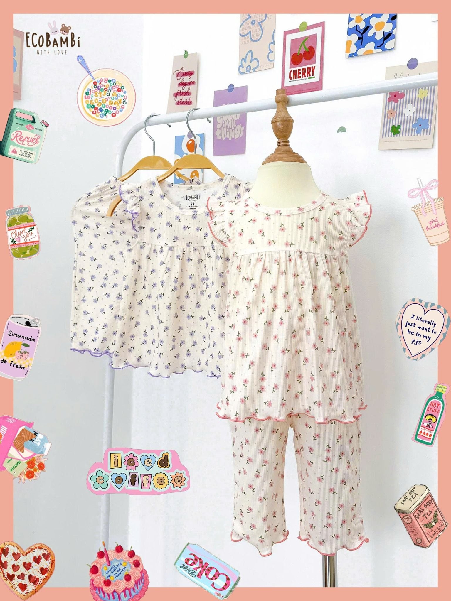  Bộ thun gân hoa nhí tay cánh tiên - quần lửng bé gái ECOBAMBI - 8935334001169 