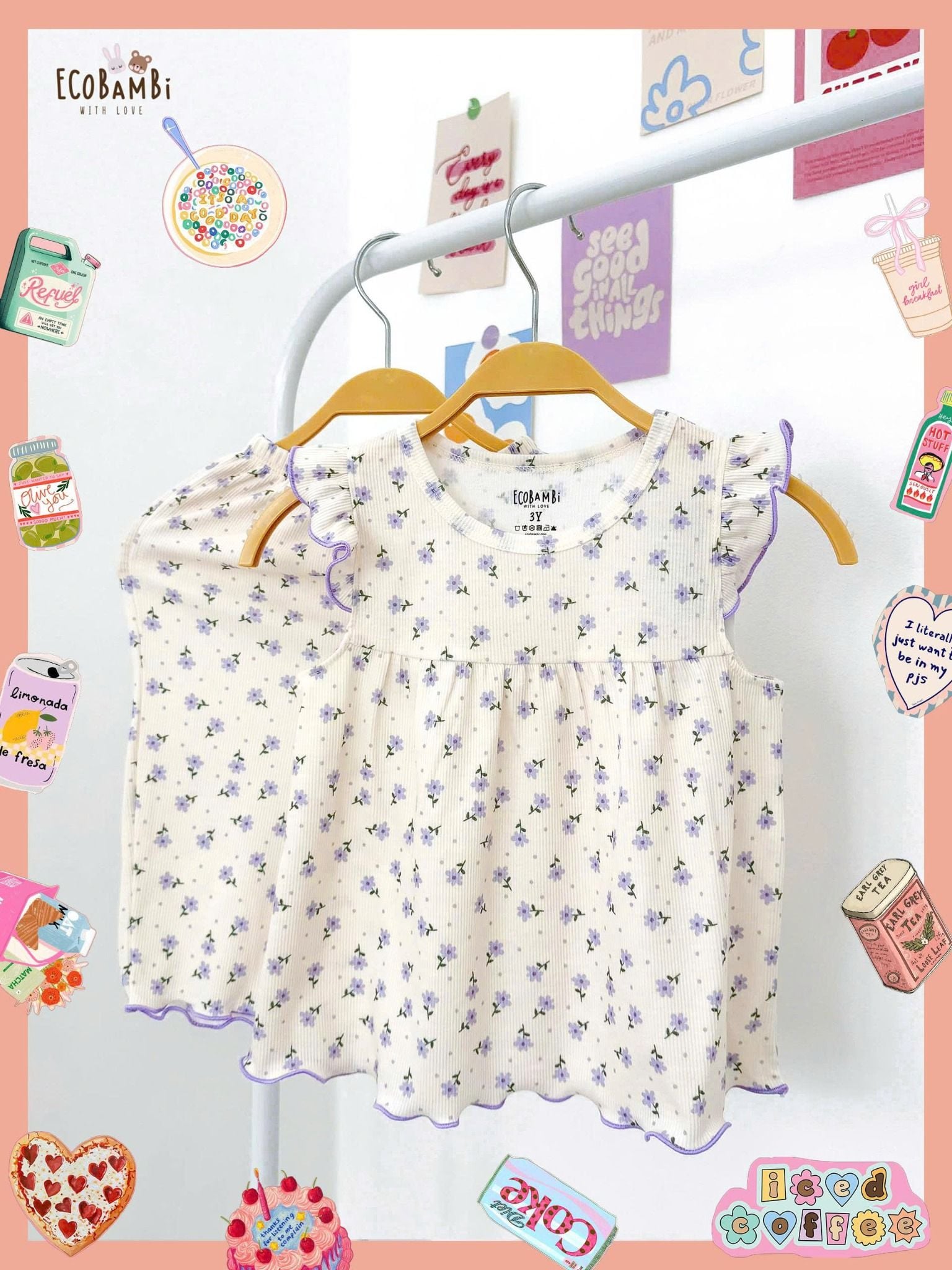  Bộ thun gân hoa nhí tay cánh tiên - quần lửng bé gái ECOBAMBI - 8935334001169 