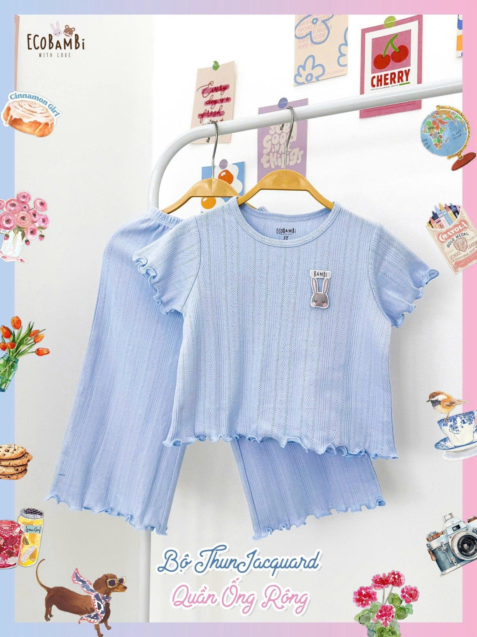  Bộ thun jacquard cotton tay ngắn phối quần ống suông bé gái ECOBAMBI - 8935334001183 