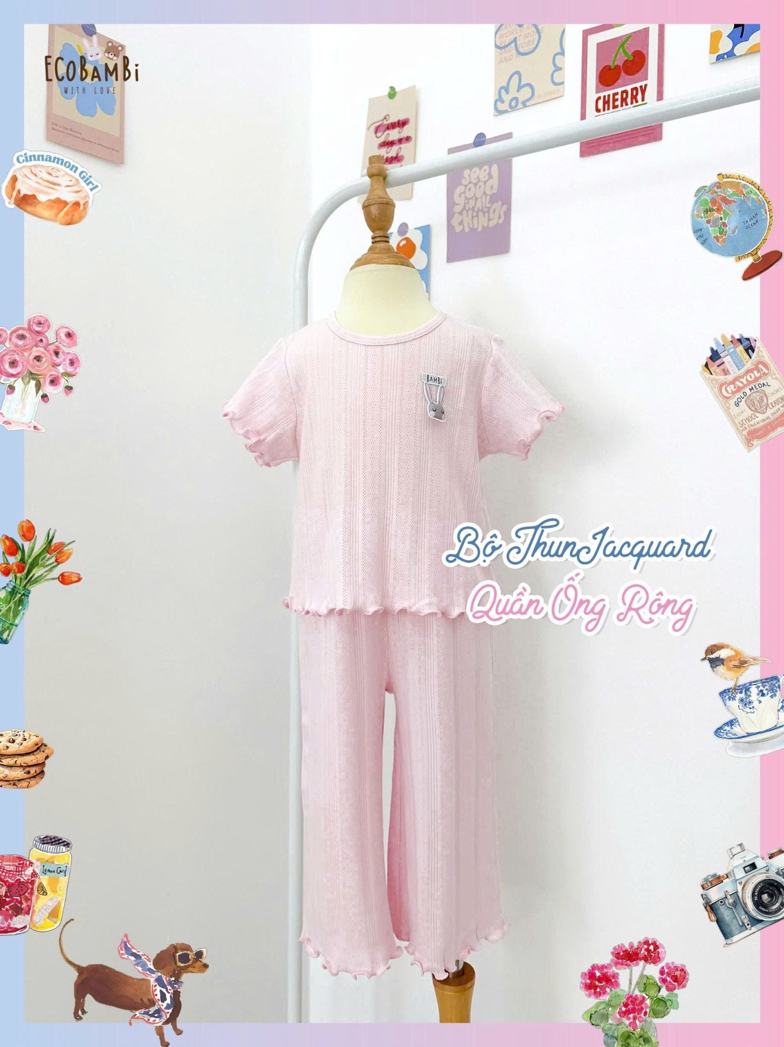  Bộ thun jacquard cotton tay ngắn phối quần ống suông bé gái ECOBAMBI - 8935334001183 