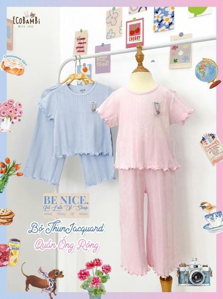  Bộ thun jacquard cotton tay ngắn phối quần ống suông bé gái ECOBAMBI - 8935334001183 
