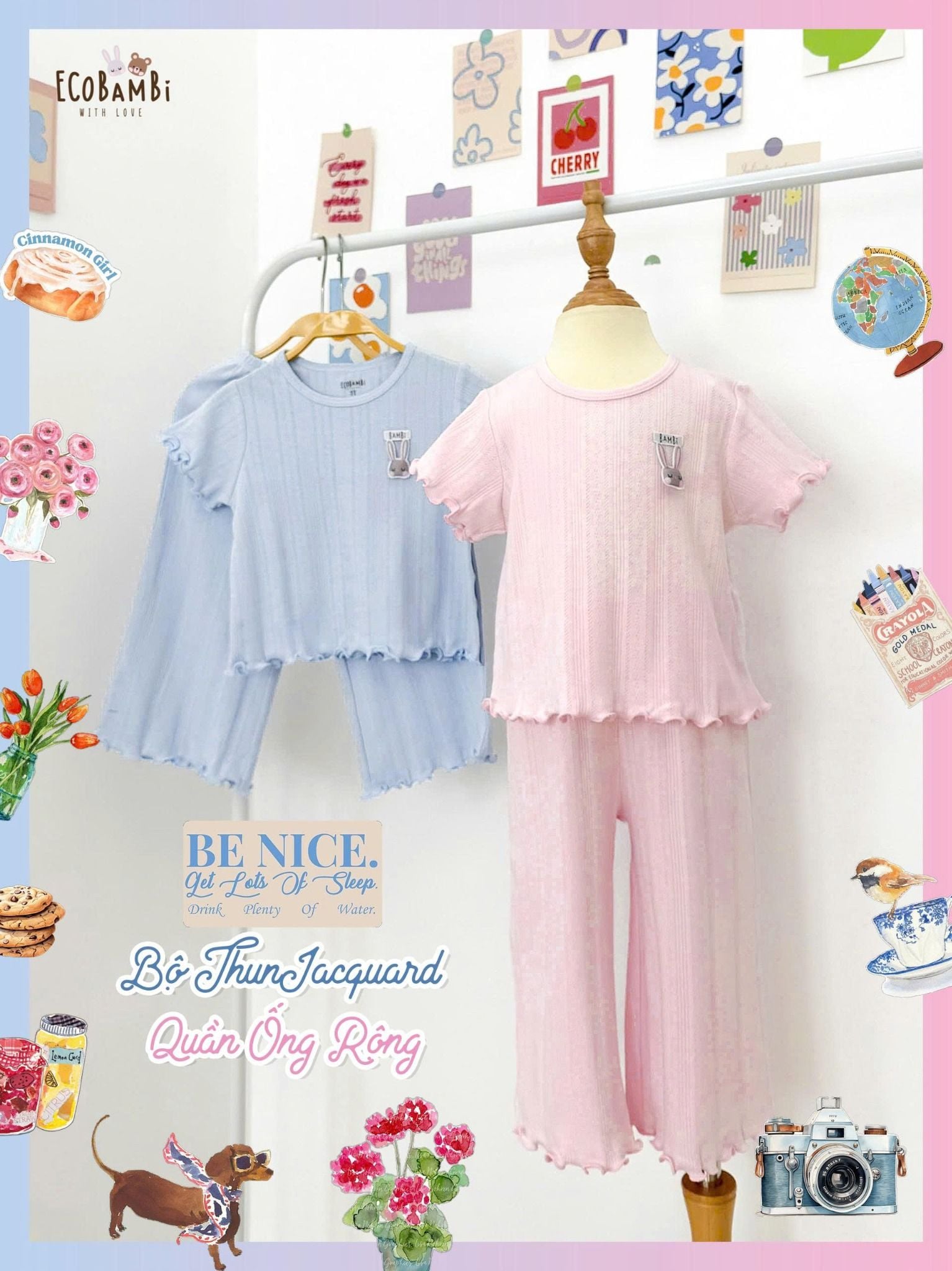  Bộ thun jacquard cotton tay ngắn phối quần ống suông bé gái ECOBAMBI - 8935334001183 