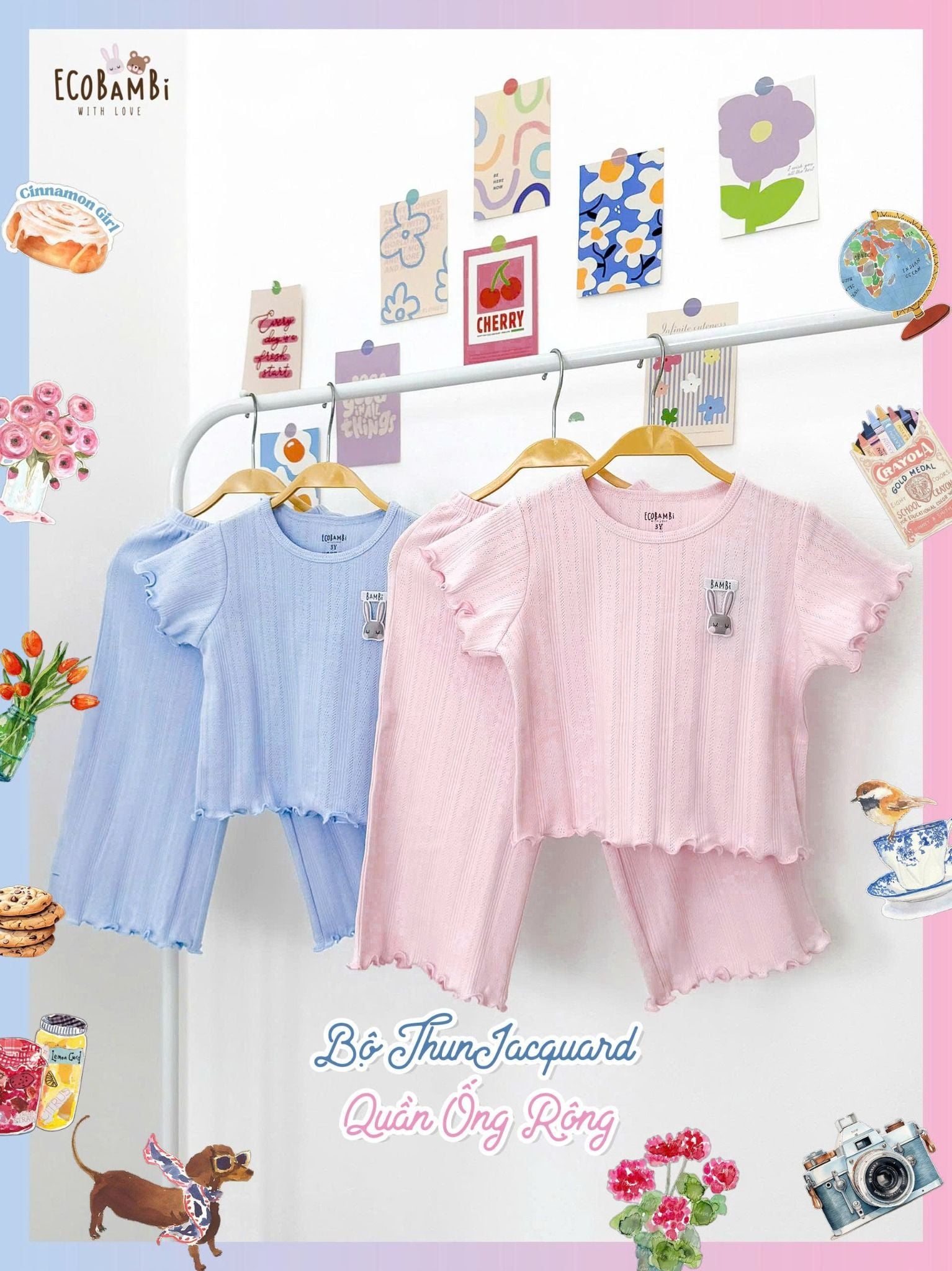  Bộ thun jacquard cotton tay ngắn phối quần ống suông bé gái ECOBAMBI - 8935334001183 