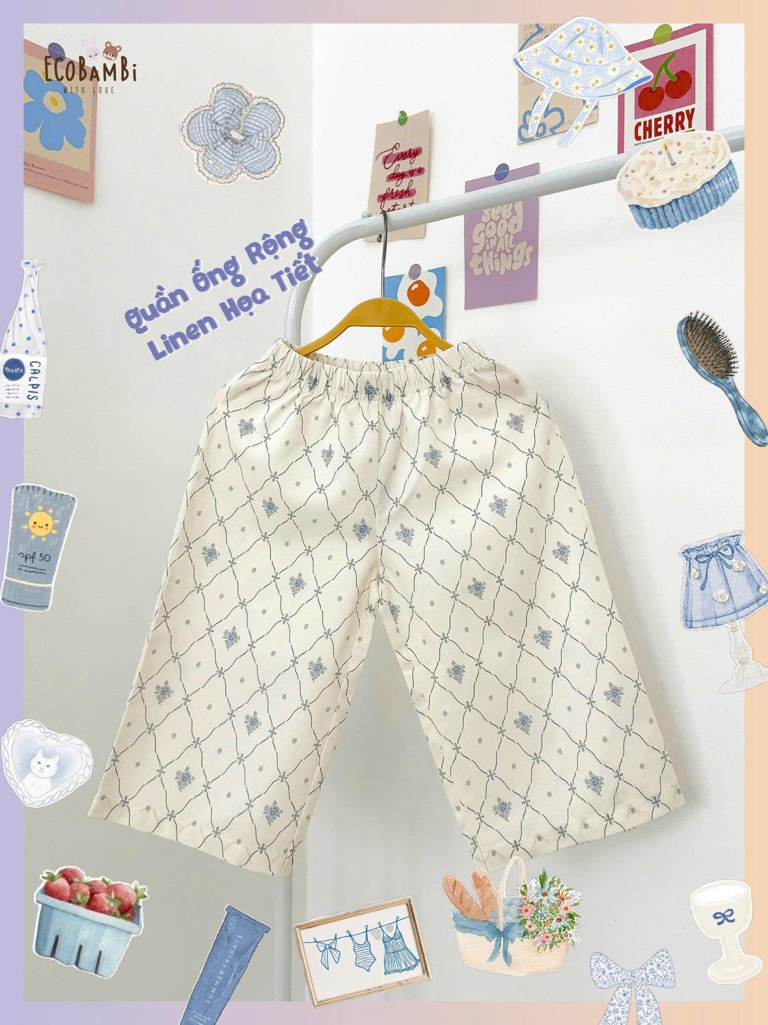  Quần linen ống suông họa tiết hoa nhí dễ thương bé gái ECOBAMBI - 8935334002081 
