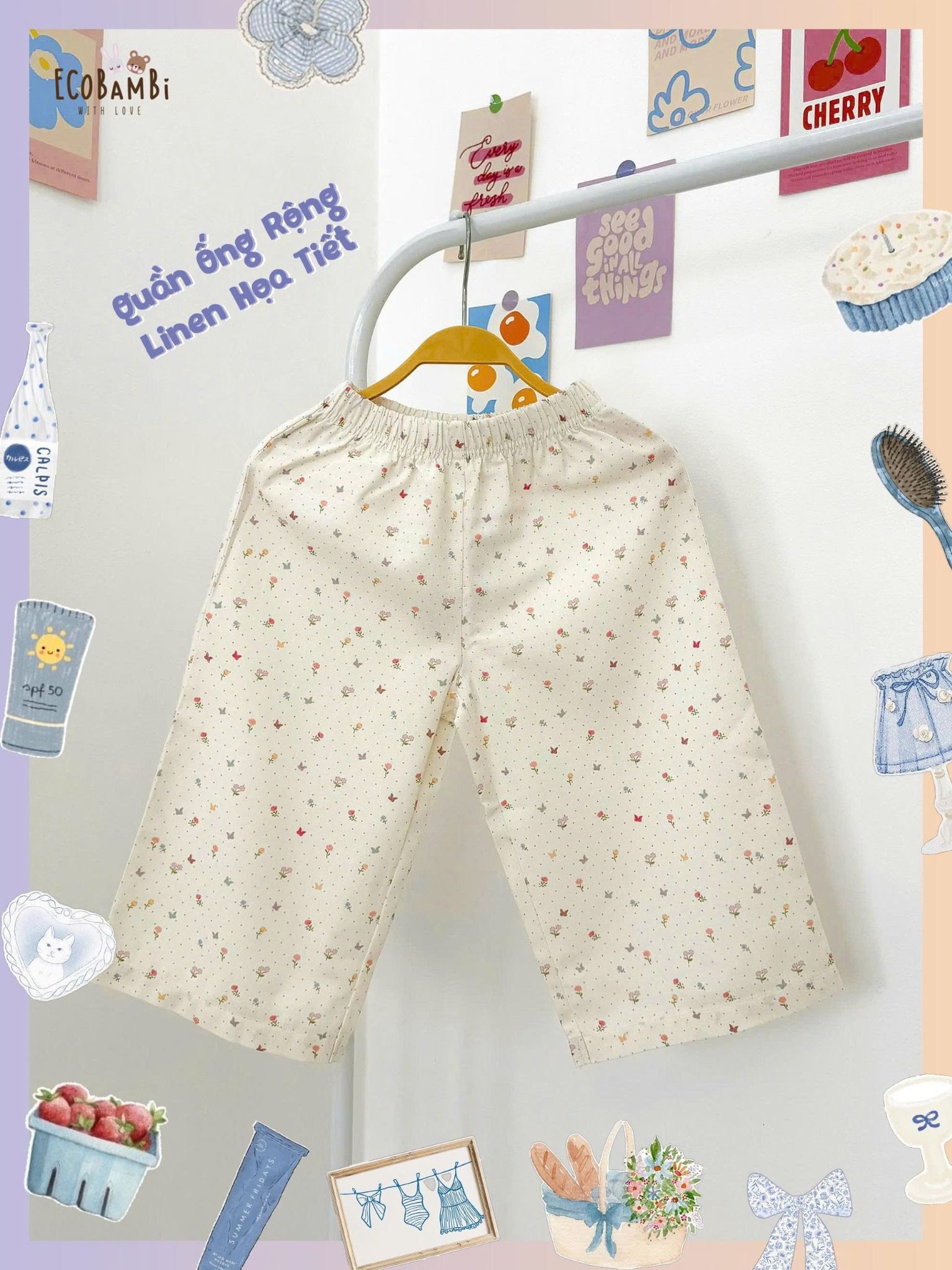  Quần linen ống suông họa tiết hoa nhí dễ thương bé gái ECOBAMBI - 8935334002081 