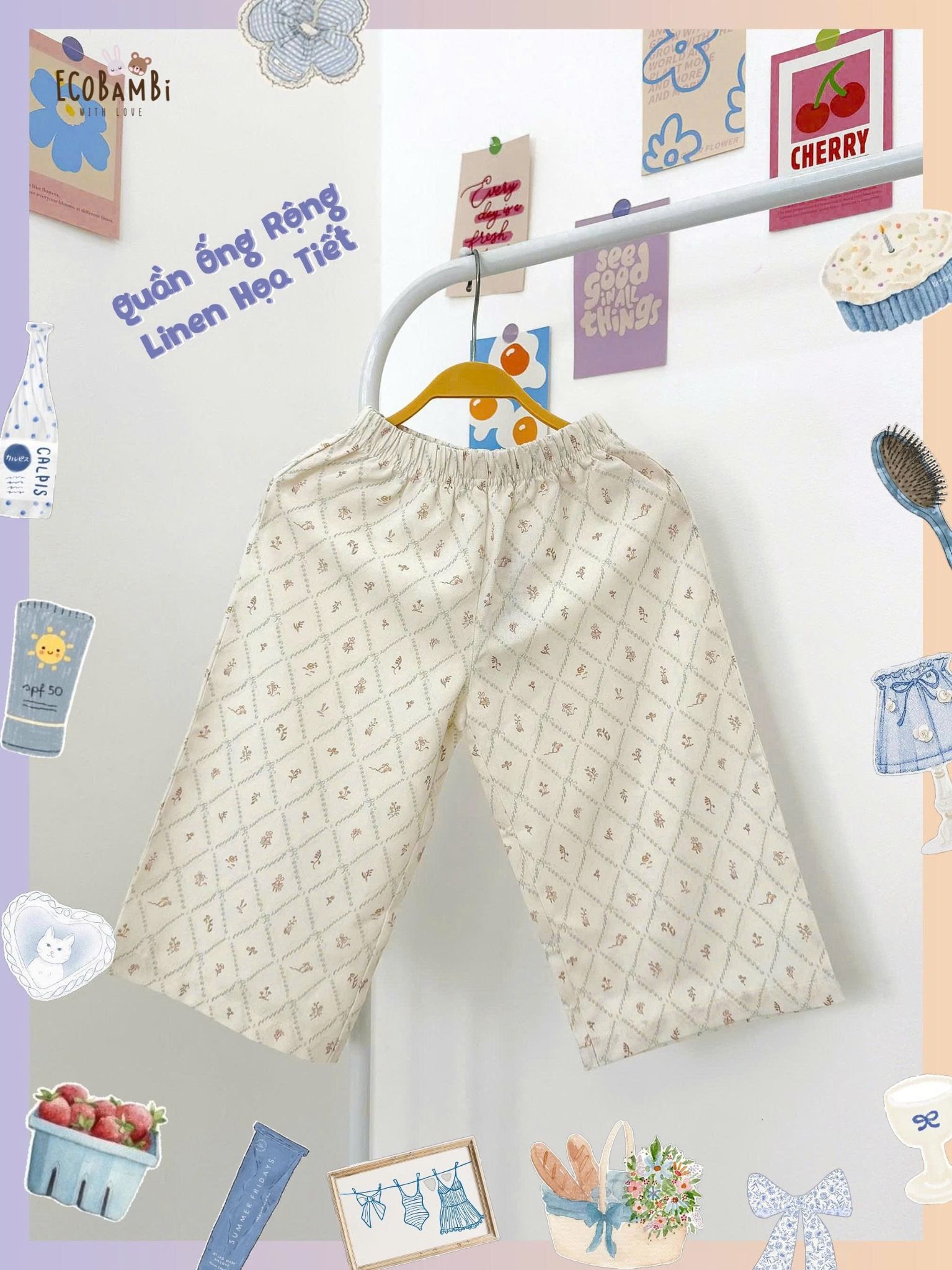  Quần linen ống suông họa tiết hoa nhí dễ thương bé gái ECOBAMBI - 8935334002081 