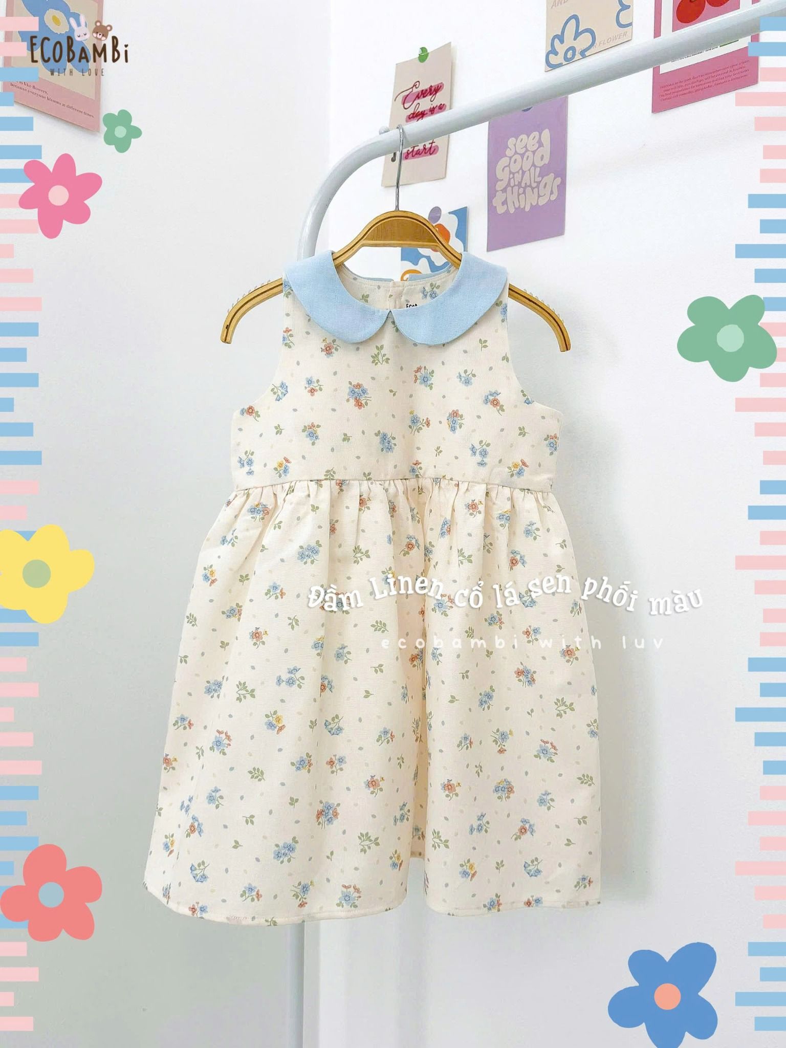  Đầm linen hoa nhí cổ lá sen phối màu bé gái ECOBAMBI - 8935334001664 
