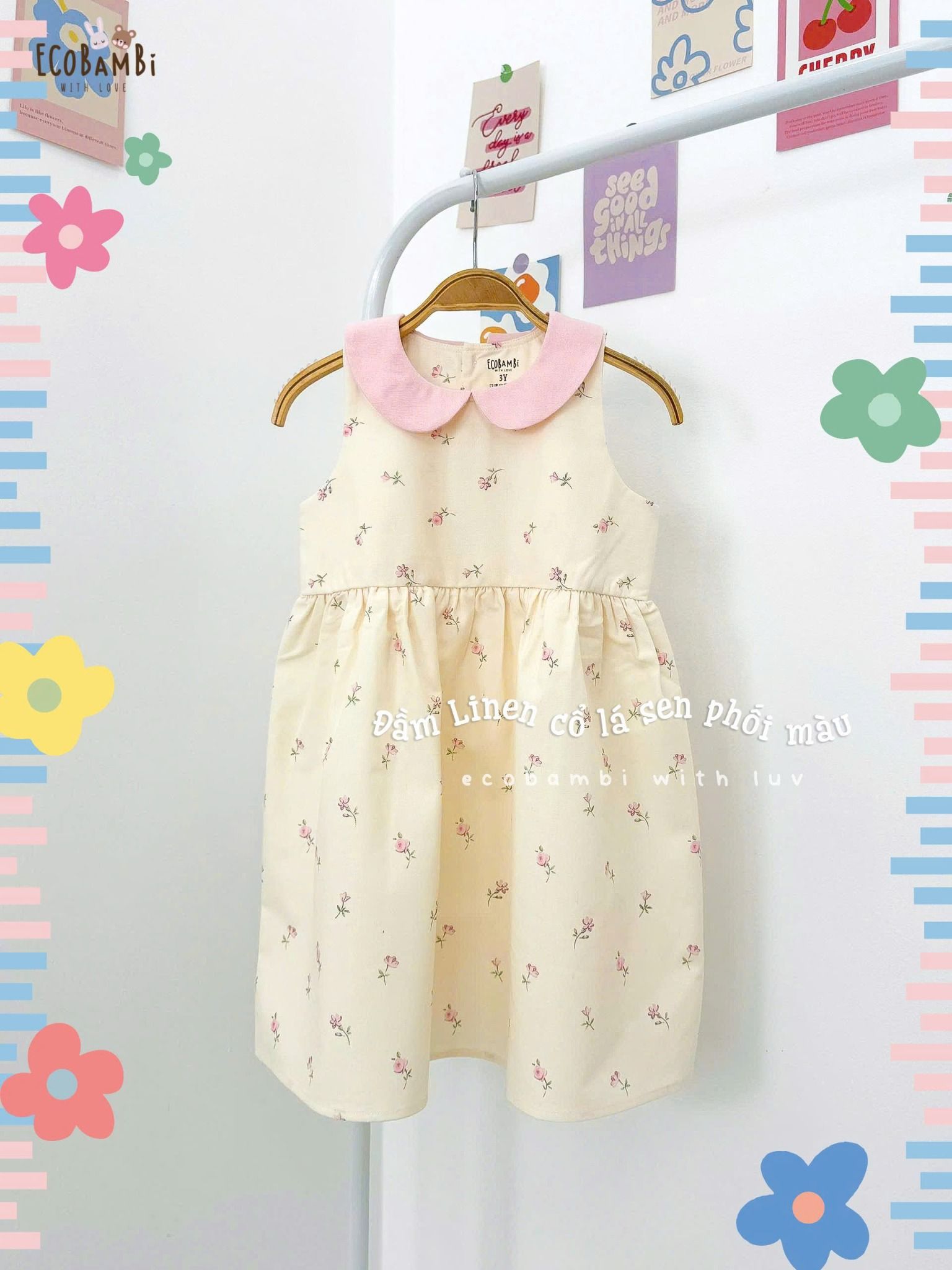  Đầm linen hoa nhí cổ lá sen phối màu bé gái ECOBAMBI - 8935334001664 