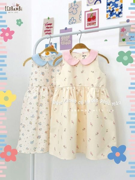  Đầm linen hoa nhí cổ lá sen phối màu bé gái ECOBAMBI - 8935334001664 