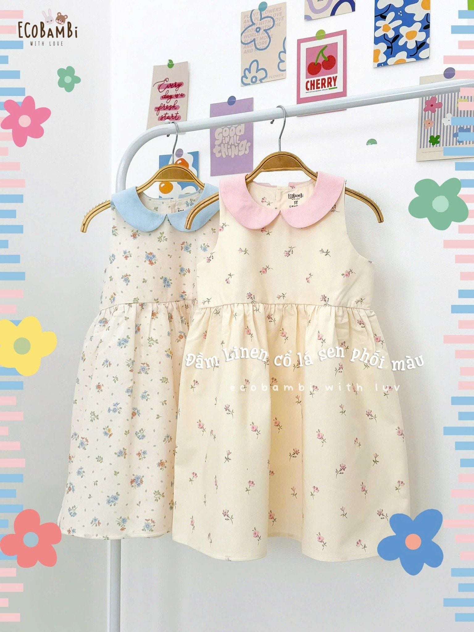  Đầm linen hoa nhí cổ lá sen phối màu bé gái ECOBAMBI - 8935334001664 