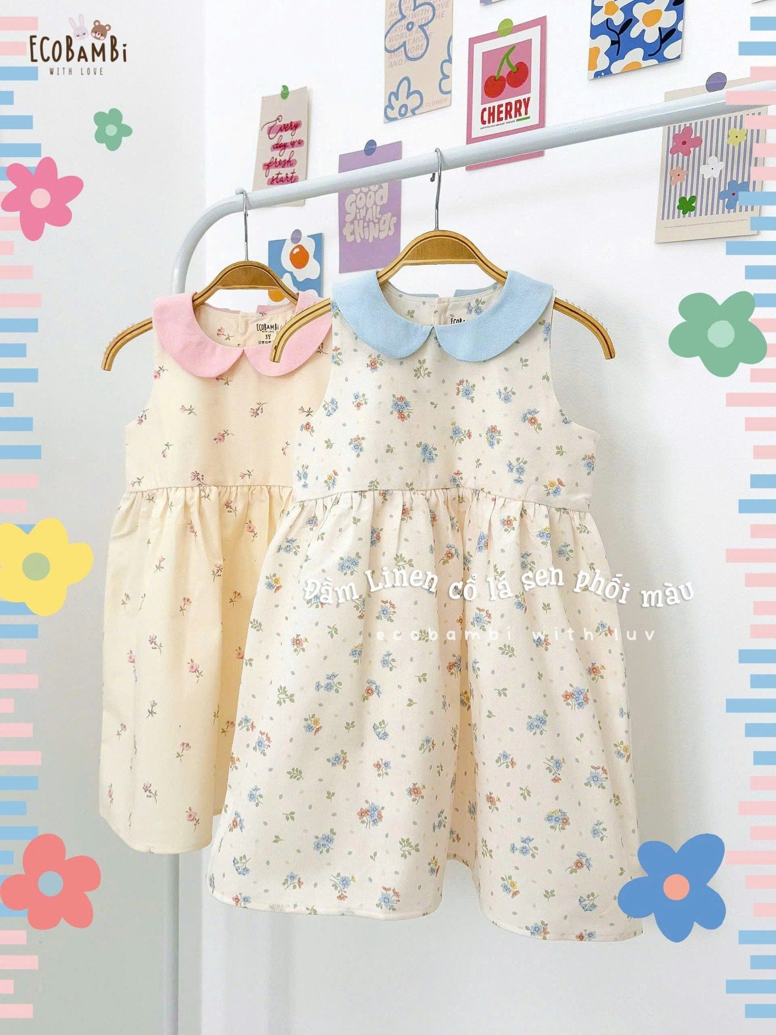  Đầm linen hoa nhí cổ lá sen phối màu bé gái ECOBAMBI - 8935334001664 