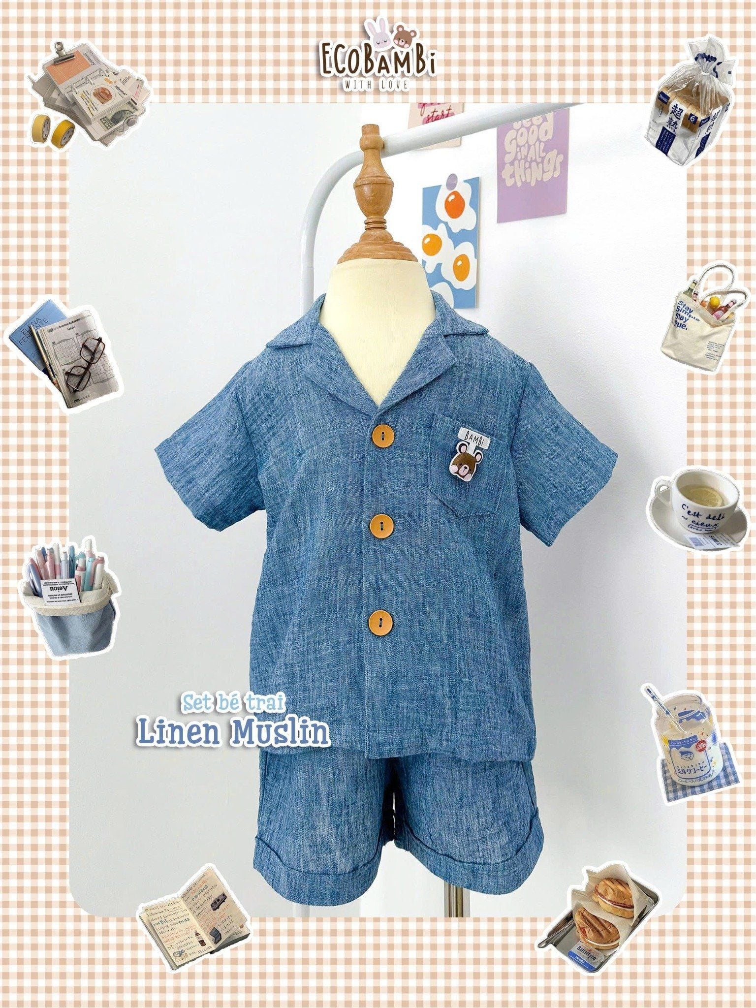  Set sơ mi muslin linen bé trai ECOBAMBI - 8935334002098 