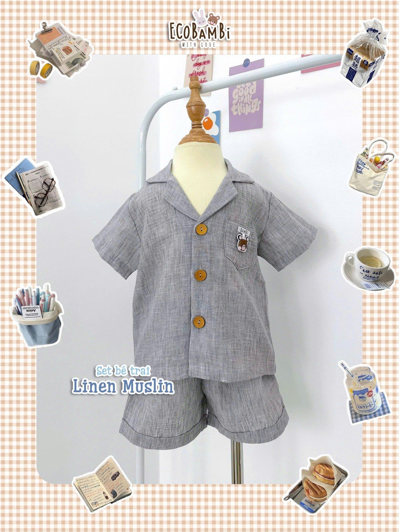  Set sơ mi muslin linen bé trai ECOBAMBI - 8935334002098 