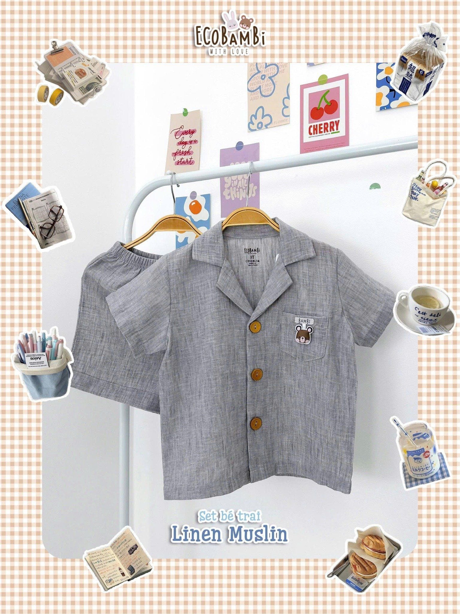  Set sơ mi muslin linen bé trai ECOBAMBI - 8935334002098 
