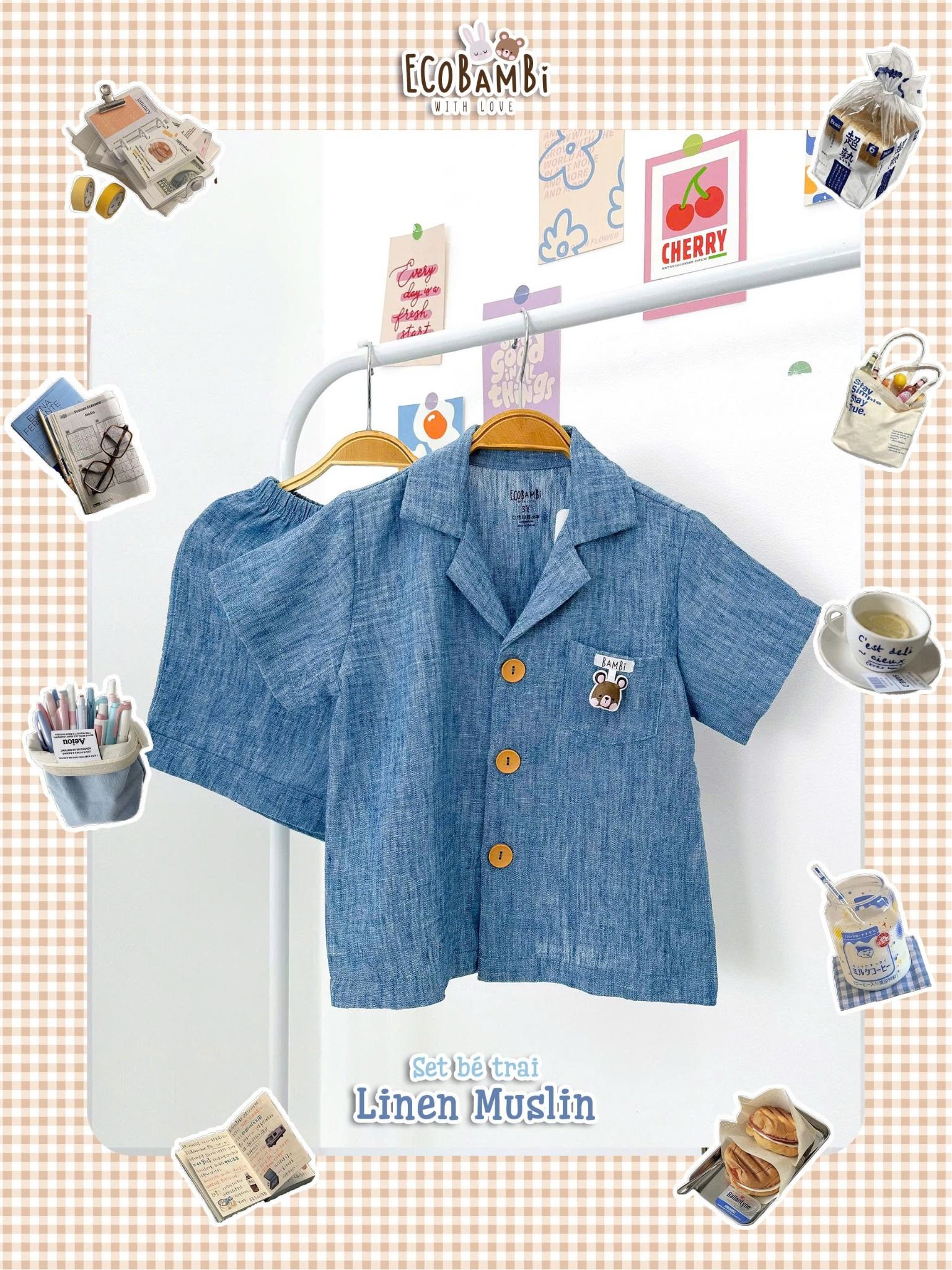  Set sơ mi muslin linen bé trai ECOBAMBI - 8935334002098 