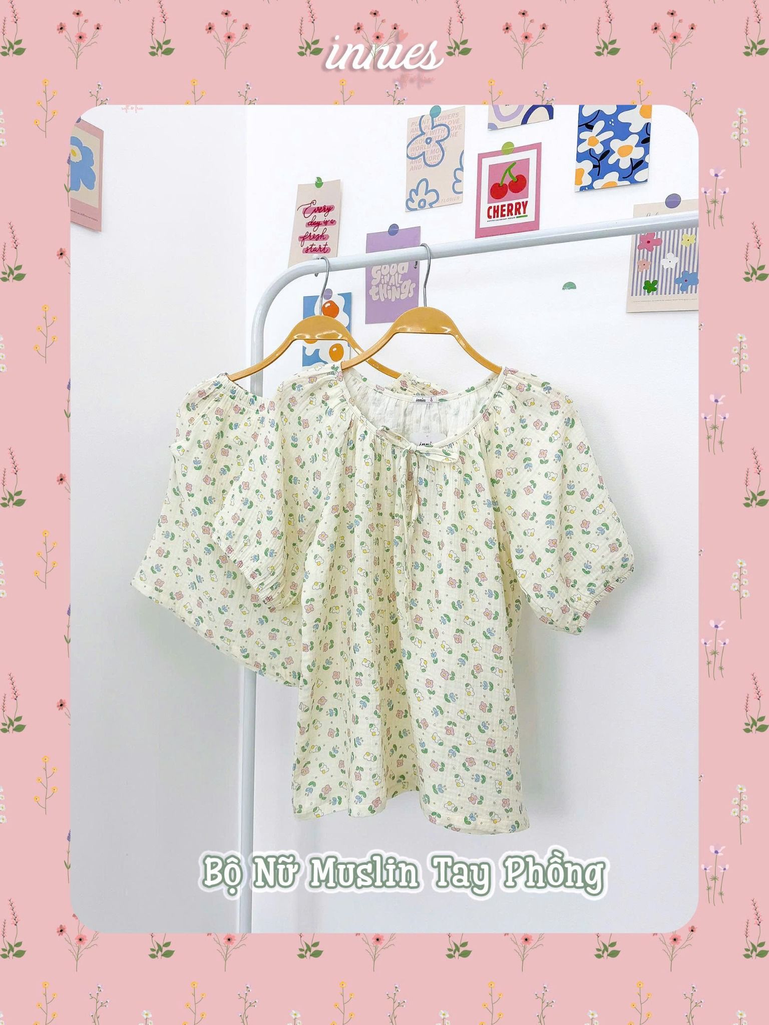  Bộ muslin tay lỡ xếp phồng - quần shorts nữ có túi Innies - 8935334001145 