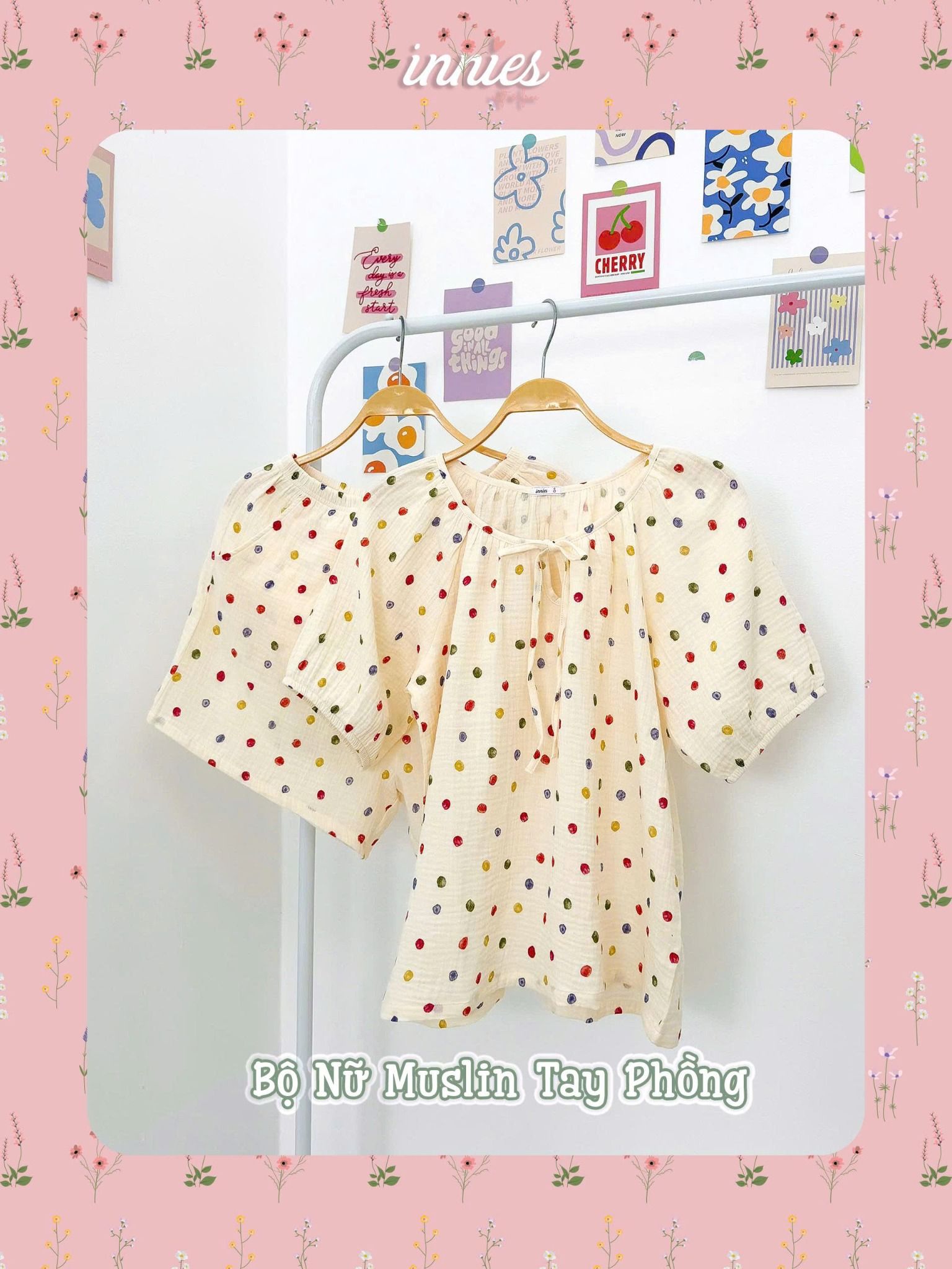  Bộ muslin tay lỡ xếp phồng - quần shorts nữ có túi Innies - 8935334001145 
