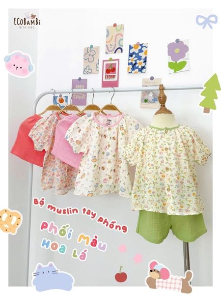  Bộ muslin tay phồng - quần shorts họa tiết hoa nhí dễ thương bé gái ECOBAMBI - 8935334001367 