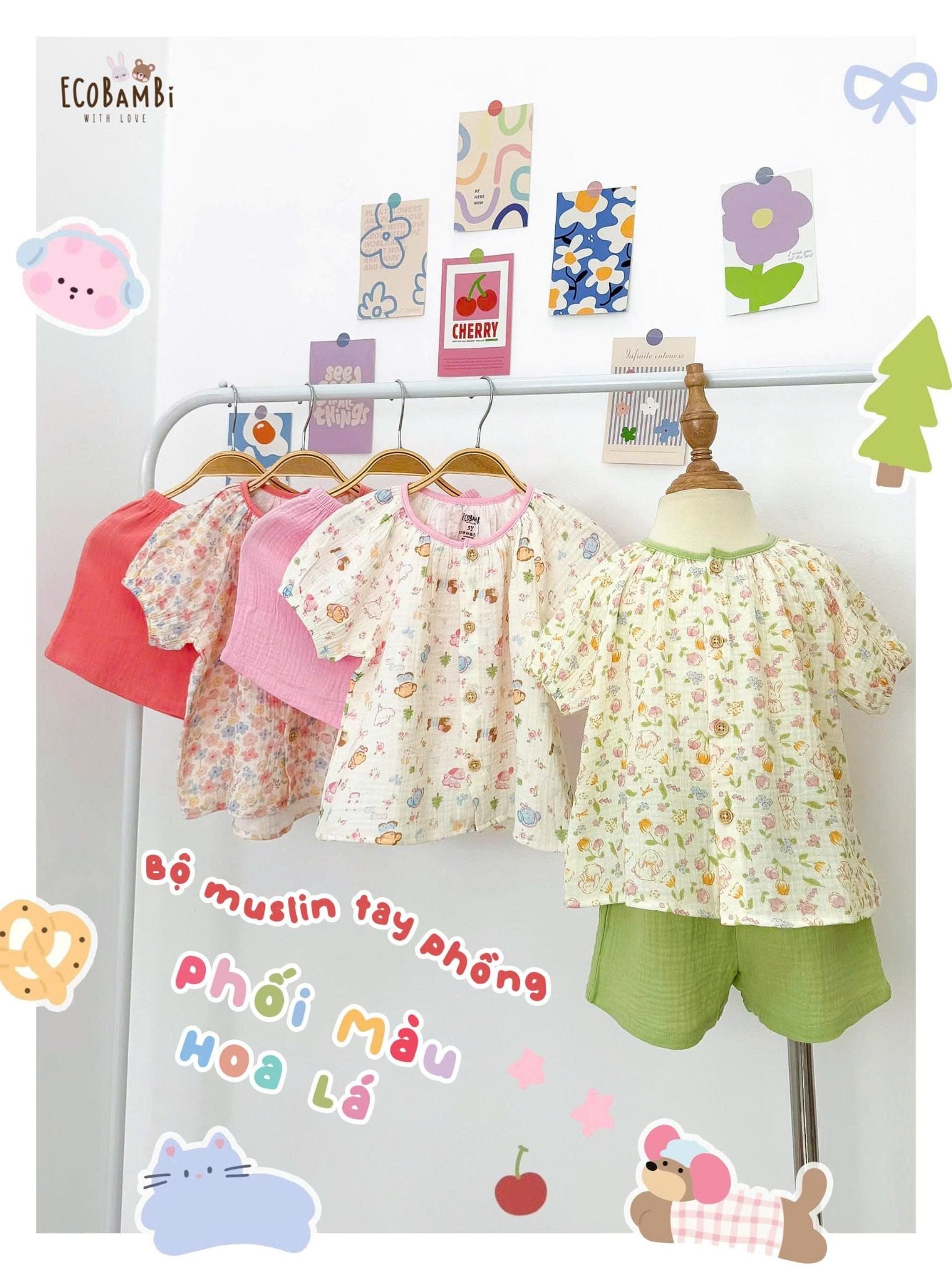  Bộ muslin tay phồng - quần shorts họa tiết hoa nhí dễ thương bé gái ECOBAMBI - 8935334001367 