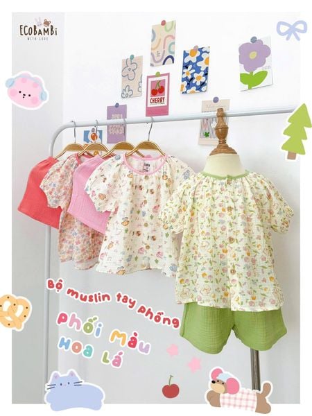  Bộ muslin tay phồng - quần shorts họa tiết hoa nhí dễ thương bé gái ECOBAMBI - 8935334001367 