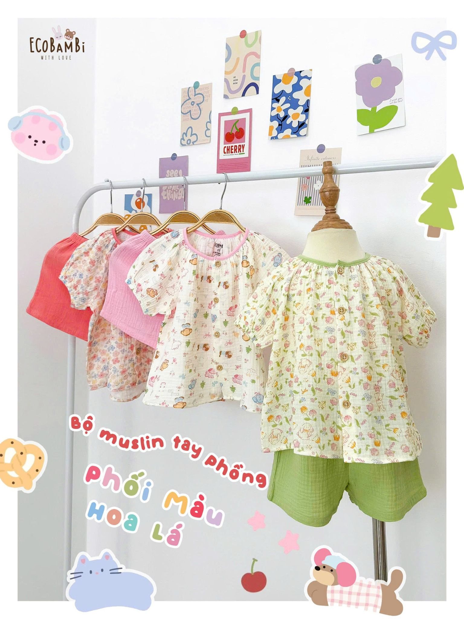  Bộ muslin tay phồng - quần shorts họa tiết hoa nhí dễ thương bé gái ECOBAMBI - 8935334001367 