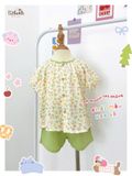  Bộ muslin tay phồng - quần shorts họa tiết hoa nhí dễ thương bé gái ECOBAMBI - 8935334001367 