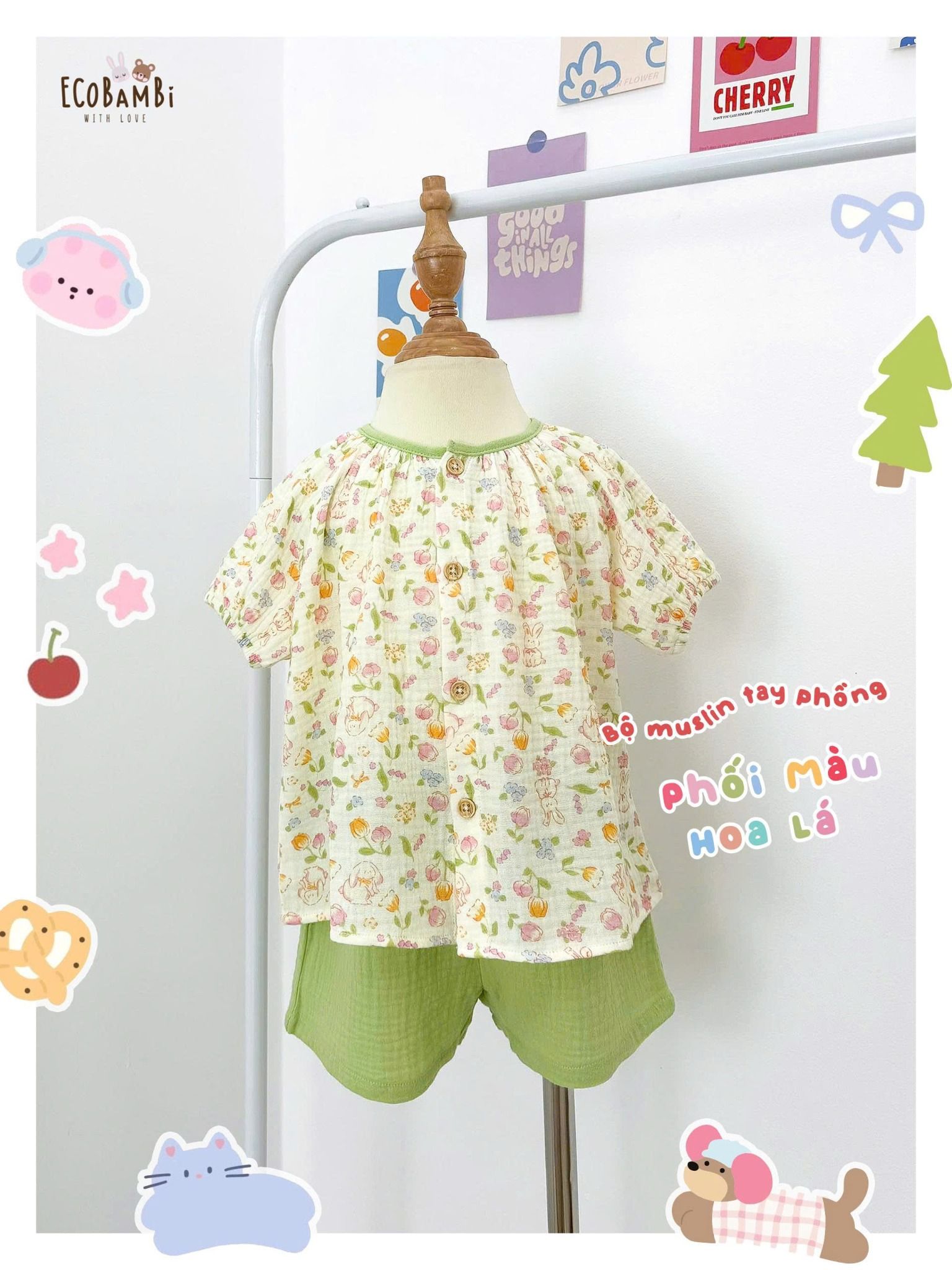  Bộ muslin tay phồng - quần shorts họa tiết hoa nhí dễ thương bé gái ECOBAMBI - 8935334001367 