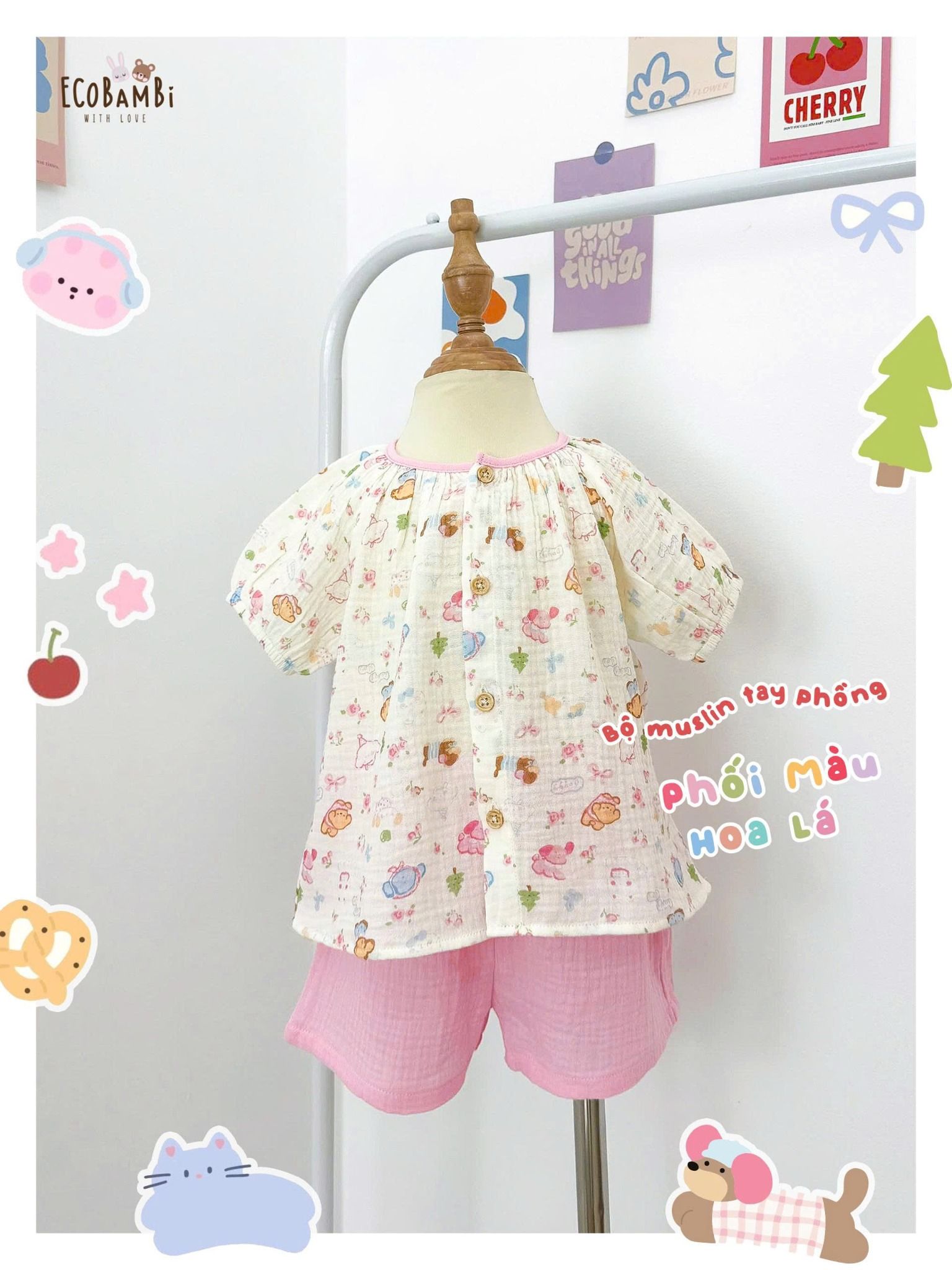  Bộ muslin tay phồng - quần shorts họa tiết hoa nhí dễ thương bé gái ECOBAMBI - 8935334001367 